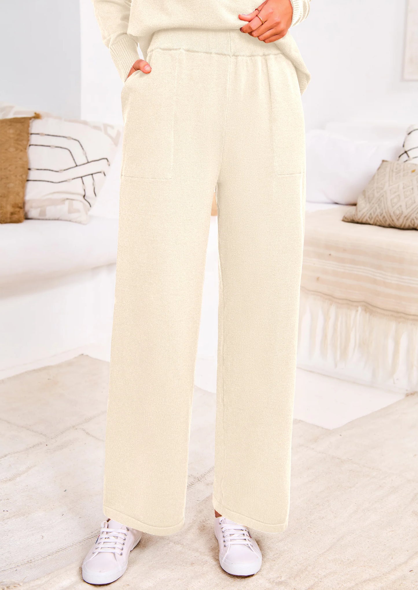 Two Piece Matching Sweater Lounge Sets Knit Long Sleeve Pullover Tops Wide Leg Pants