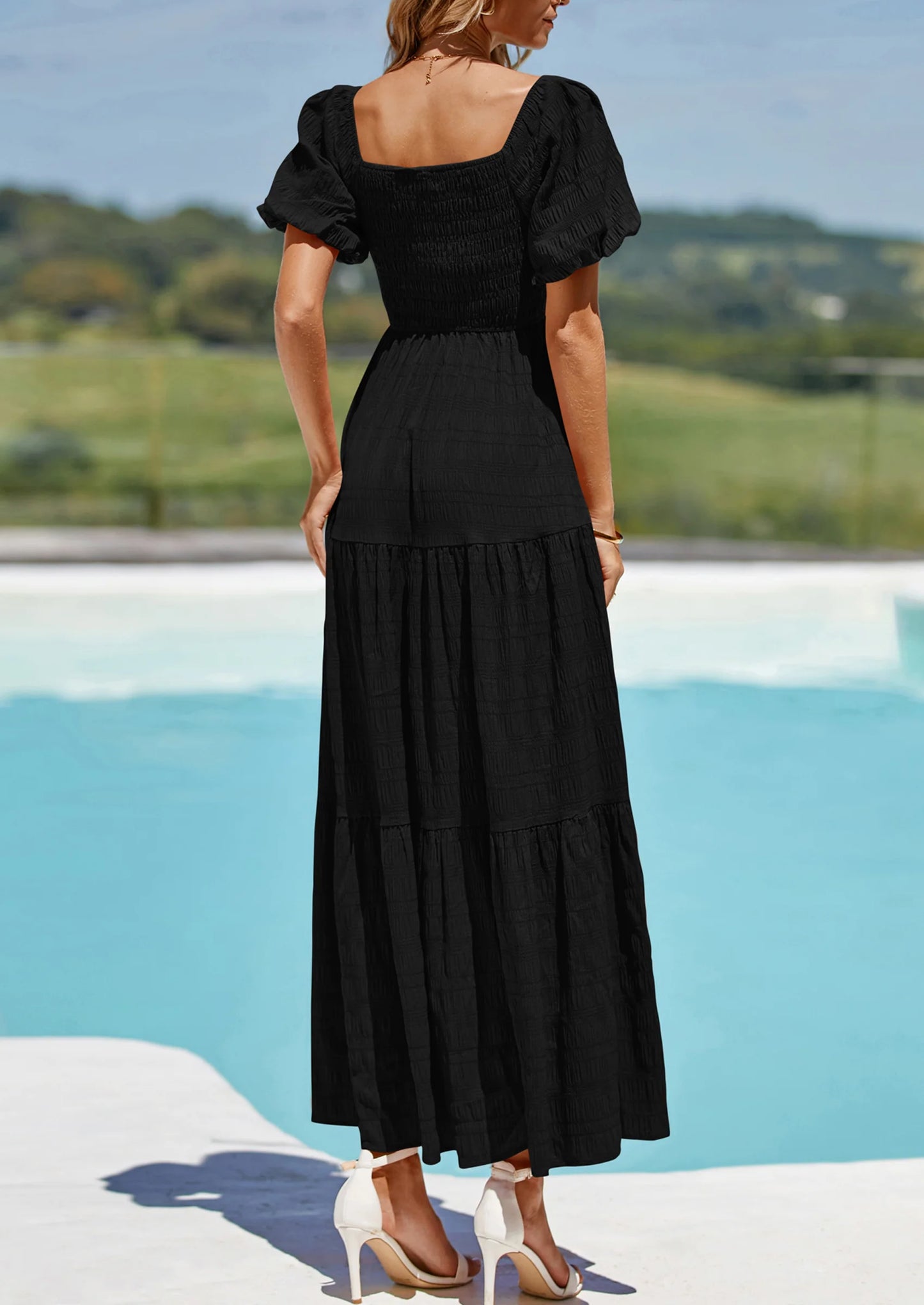 Womens Summer Puff Short Sleeve Maxi Dress Square Neck Smocked Tiered Ruffle A Line Long Flowy Beach Dresses