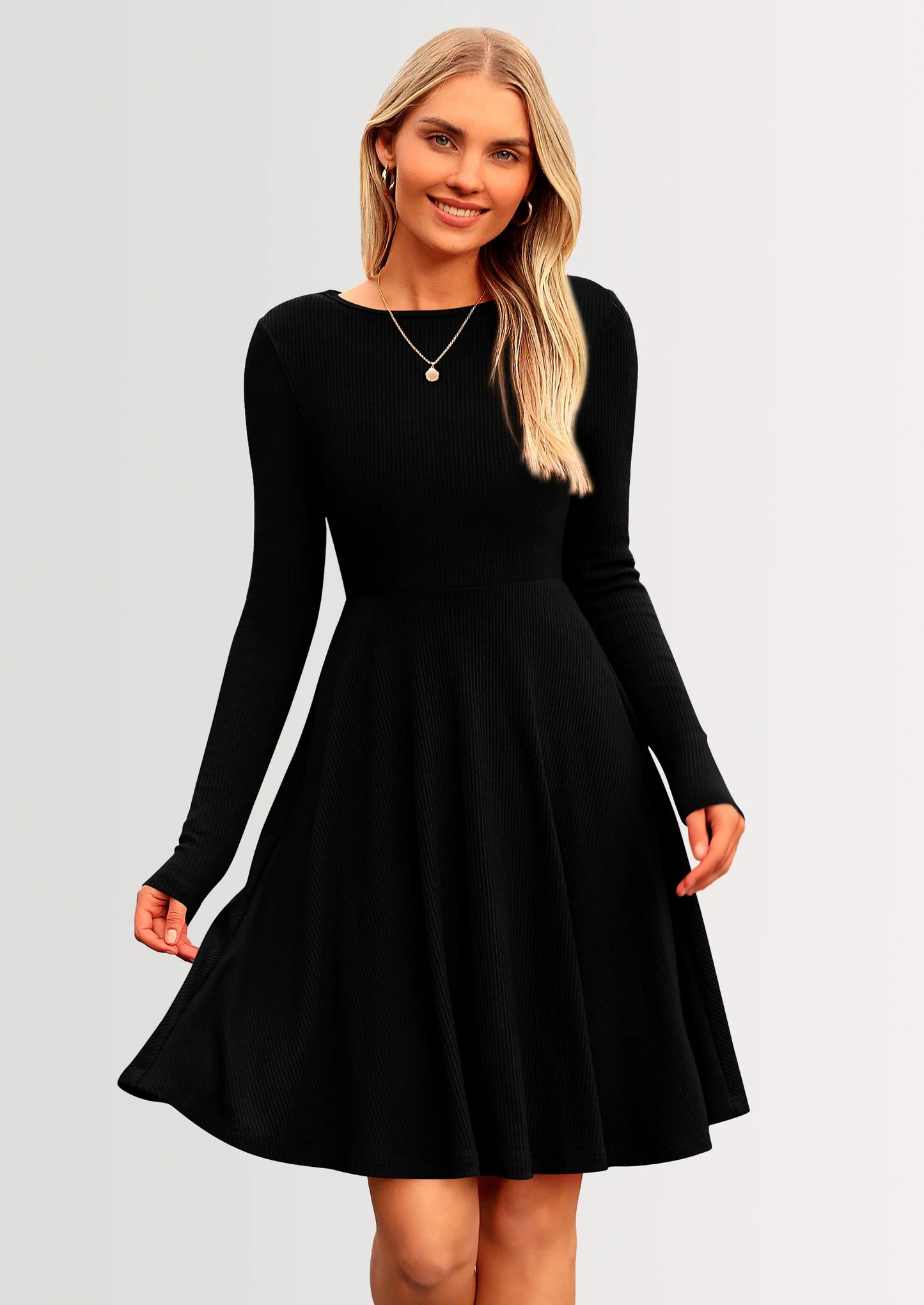 Women's Spring Fall Short Dress Ribbed Knit Crewneck Long Sleeve A Line Flowy Casual Elegant Going Out Dresses