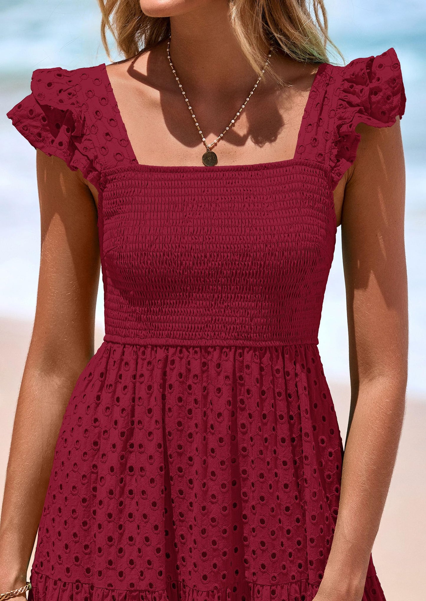 Womens Square Neck Maxi Dresses Cap Sleeve Eyelet Smocked Tiered A Line Flowy Long Dress with Pockets