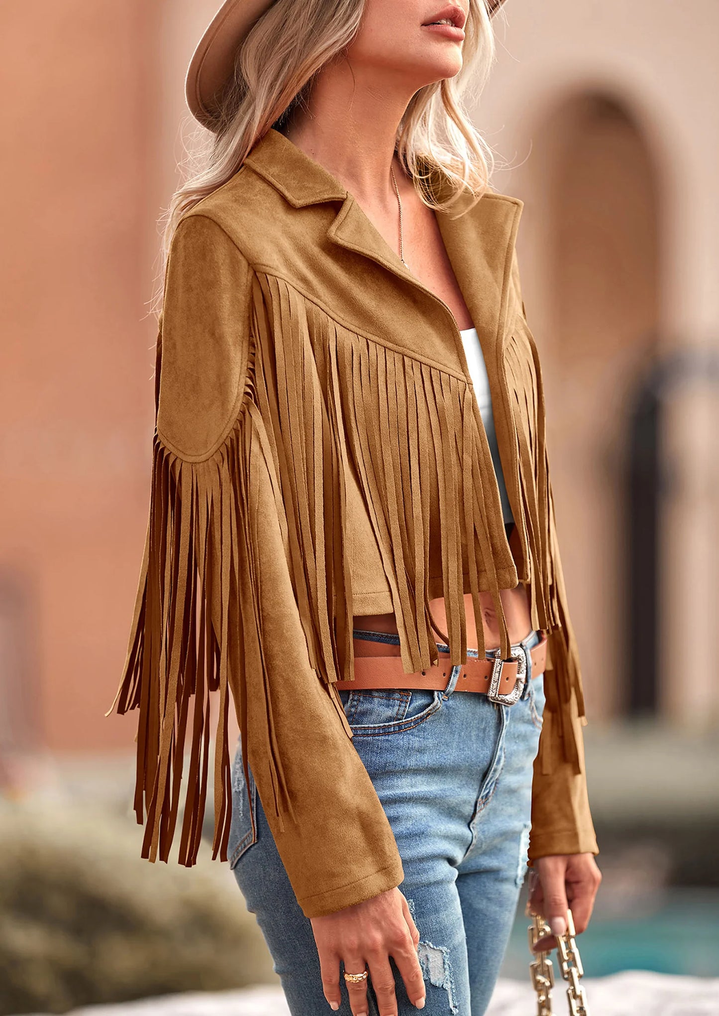 Women's Fringe Faux Suede Leather Jackets Fashion Tassel Motorcycle Cropped Coats