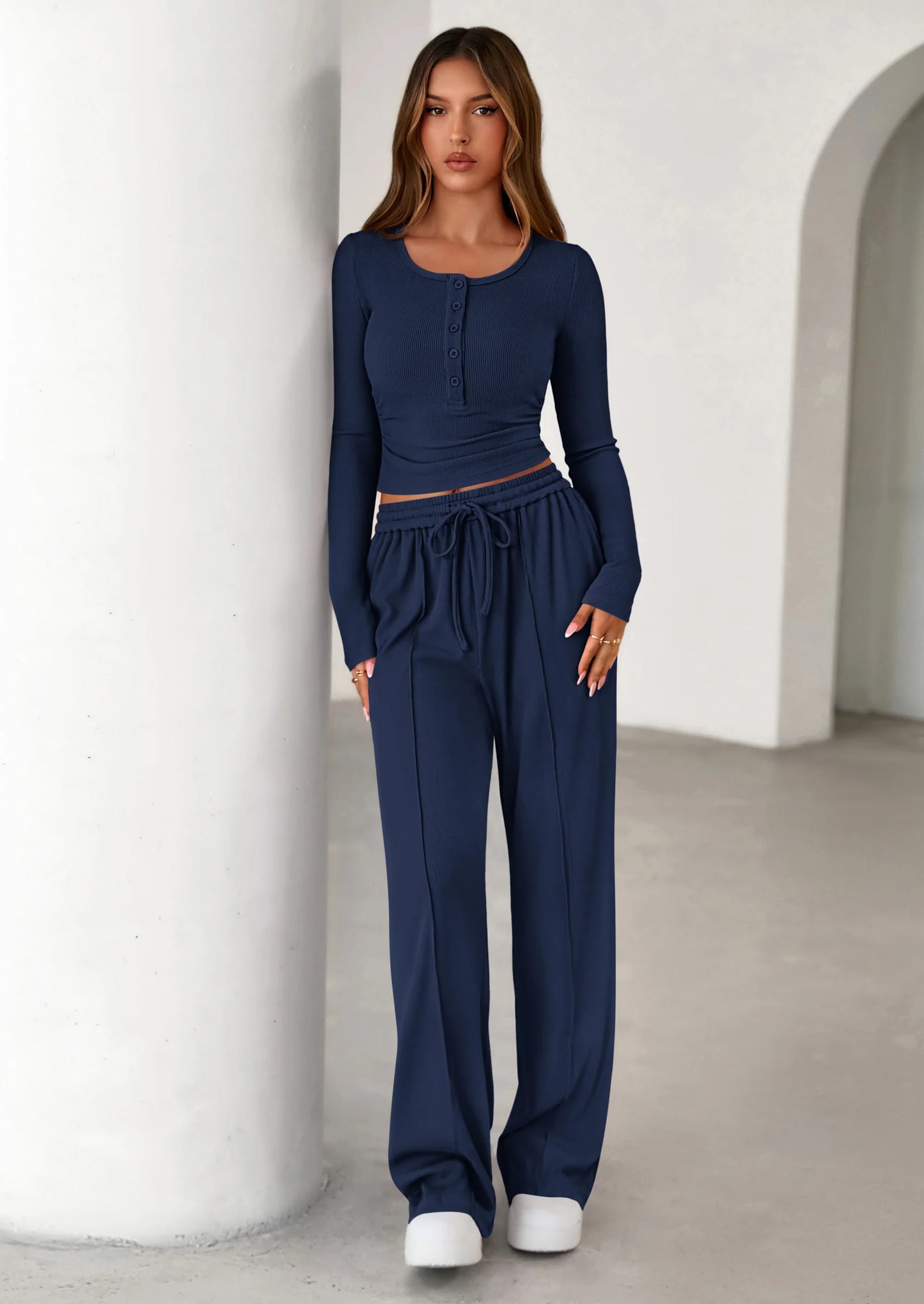 Women's Fall Trendy 2 Piece Outfits Lounge Sets Long Sleeve Top Henley Shirts Wide Leg Pants Travel Clothes