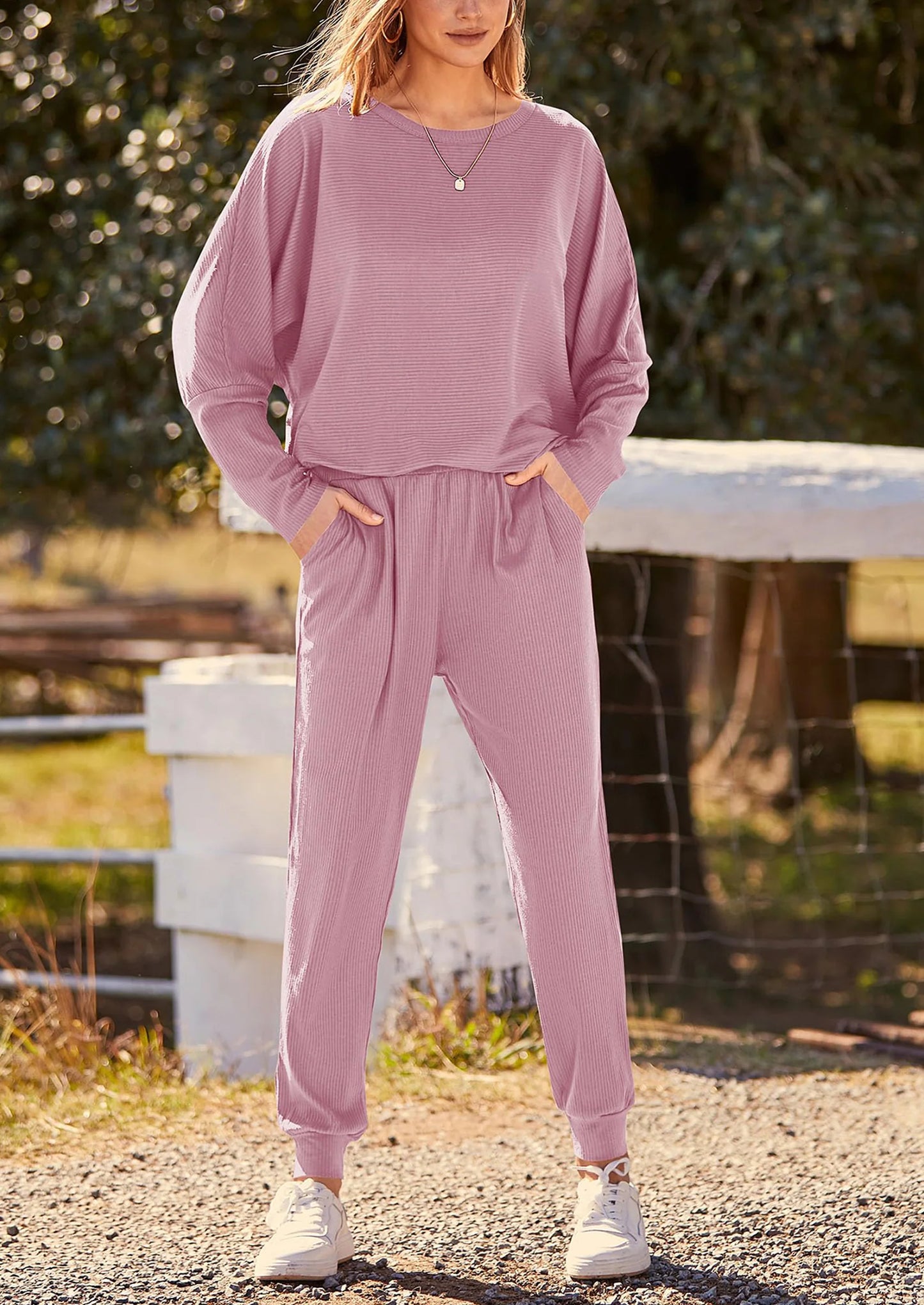 Women's Fall 2 Piece Lounge Set Long Sleeve Tops Ribbed Pants Spring Matching Sweatsuit Travel Outfits Clothes