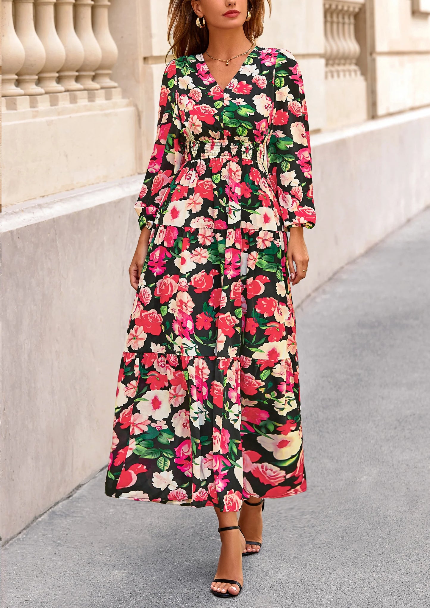 Long Sleeve Maxi Fall Dresses for Women Vneck Smocked Boho Floral Tiered Swing Flowy Wedding Guest Dress