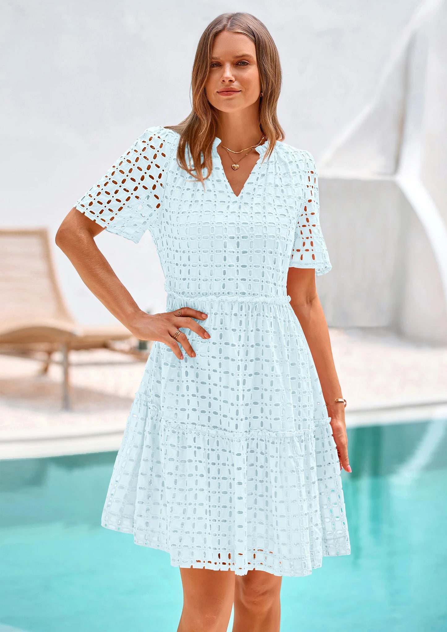 Women's Short Sleeve Mini Dress Summer V Neck Hollow Out Eyelet Ruffle A Line Swing Short Dresses