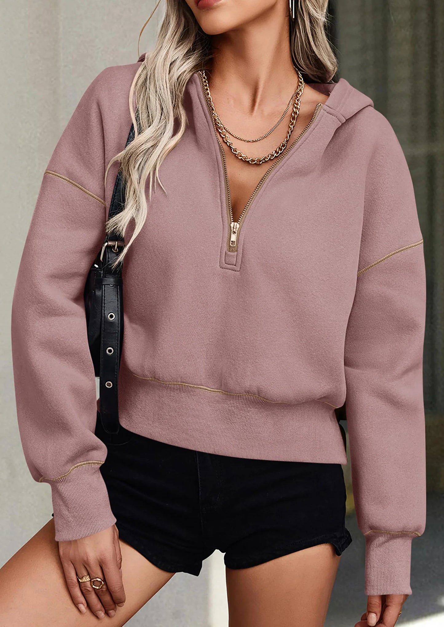 Women's Hooded Sweatshirts Long Sleeve Half Zip Cropped Hoodie Pullover Winter Fashion Clothes