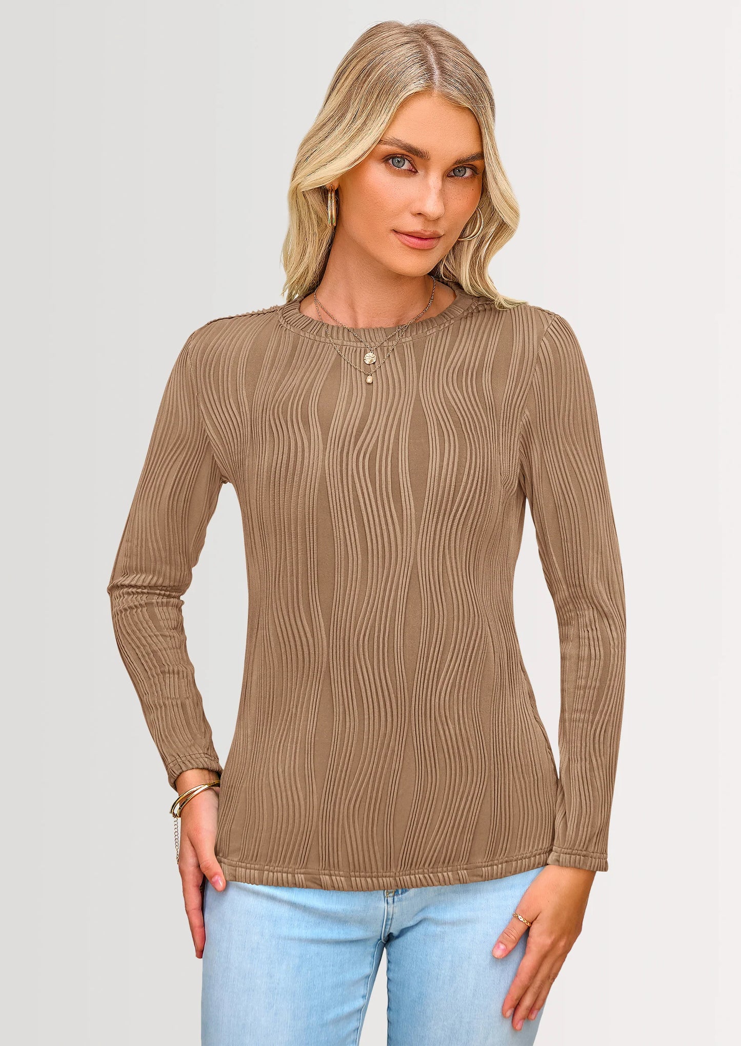 Long Sleeve Tops for Women Spring Fall Trendy Business Dressy Casual Shirts Crewneck Textured Blouse