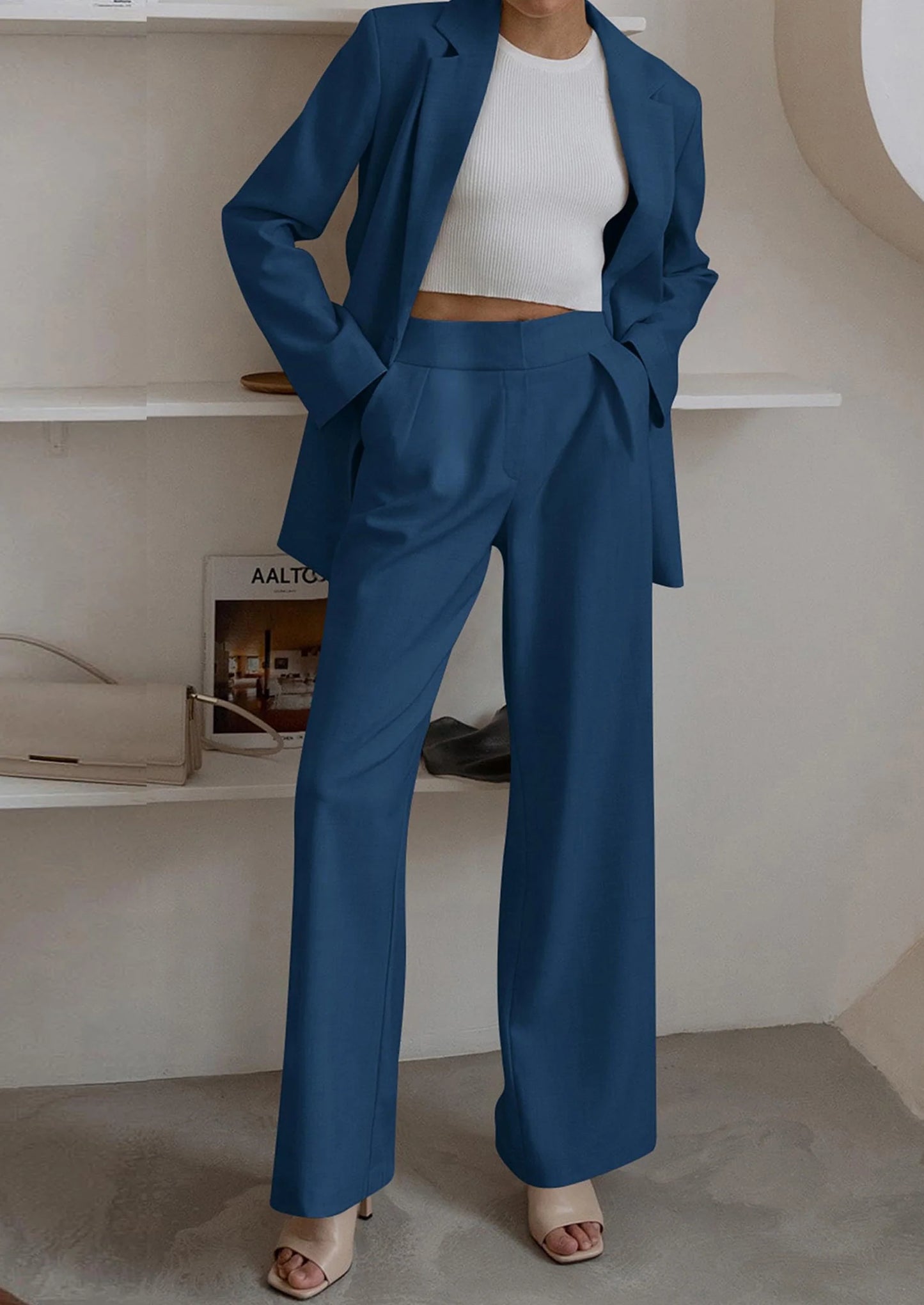 Women's Fall Two Piece Outfits Dressy Blazer Jacket and Wide Leg Pants Pockets Business Casual Office Suit Sets