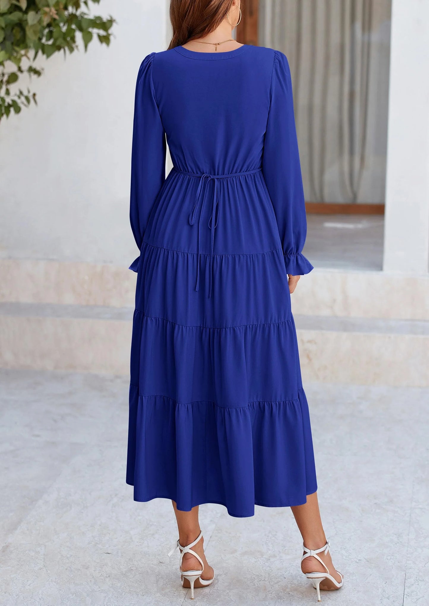 Women Fall Long Sleeve Smocked Maxi Dress Casual Square Neck Swiss Dot Tiered Ruffle Flowy Spring Pocket Dresses