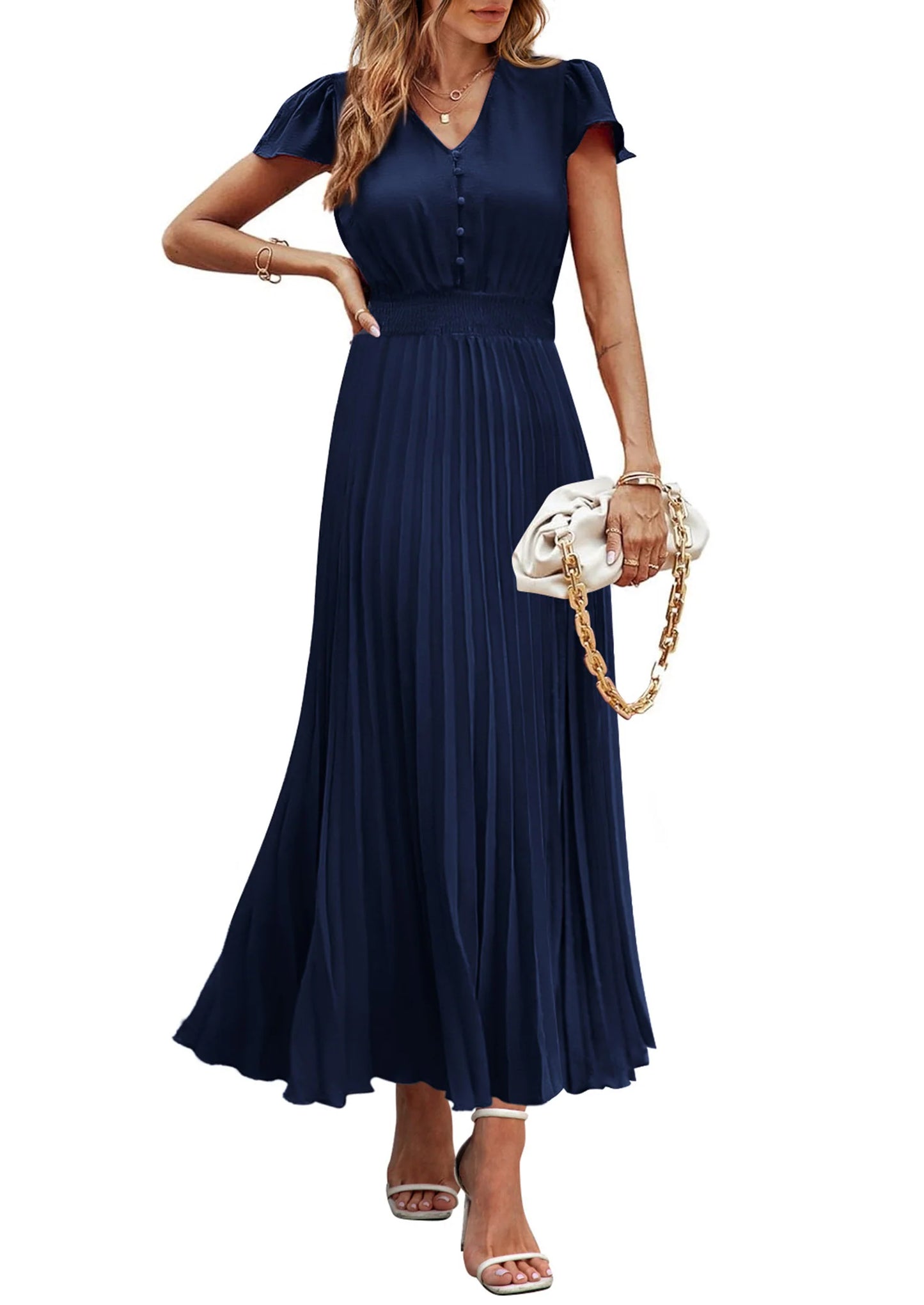 Women's Maxi Dresses Summer Trendy Cap Short Sleeve Button V Neck Casual Flowy Pleated Long Dress