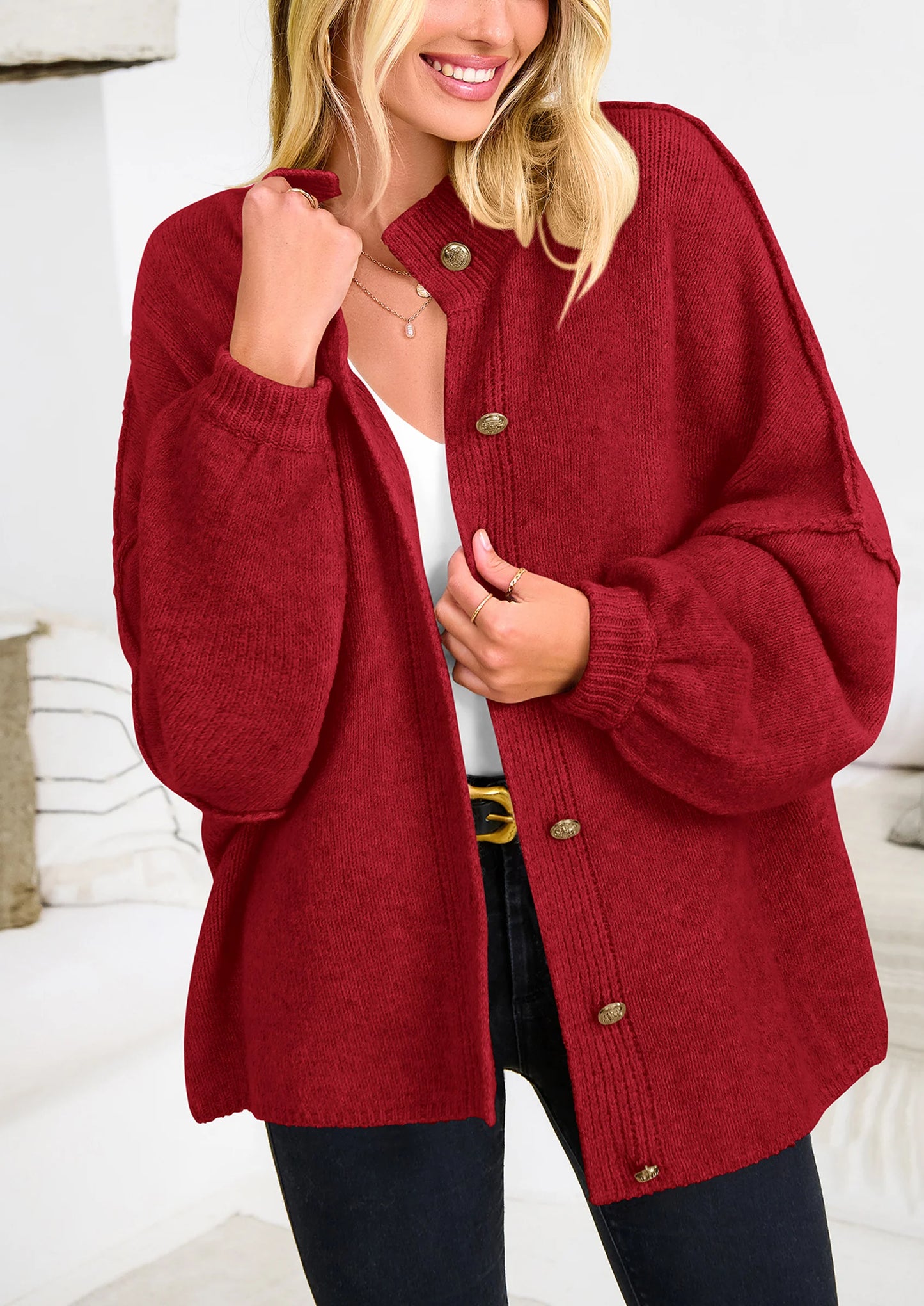 Women's Winter Button Down Cardigan Sweaters Mock Neck Lantern Long Sleeve Chunky Knit Jacket Trendy Outerwear