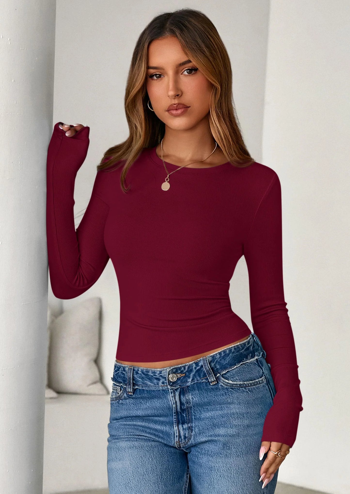 Womens Summer Fall Long Sleeve Shirts Ribbed Knit Fitted Basic Tee Going Out Tops Underscrub Casual Outfits