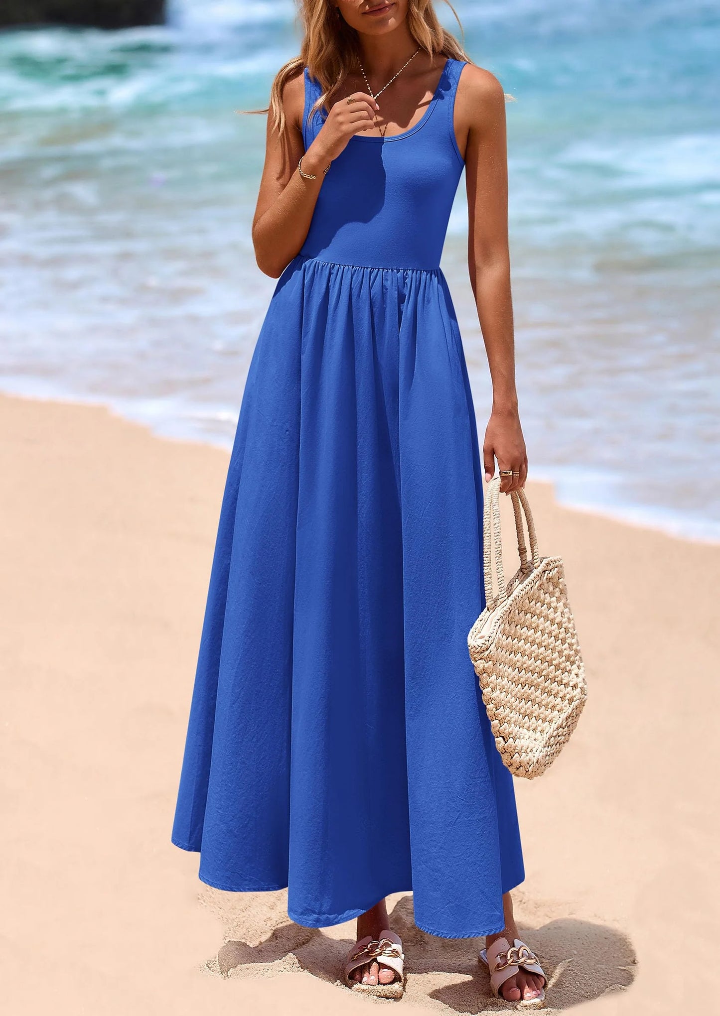 Womens Summer Casual Scoop Neck Sleeveless Long Dresses Tank Top Patchwork Aline Swing Maxi Dress with Pockets