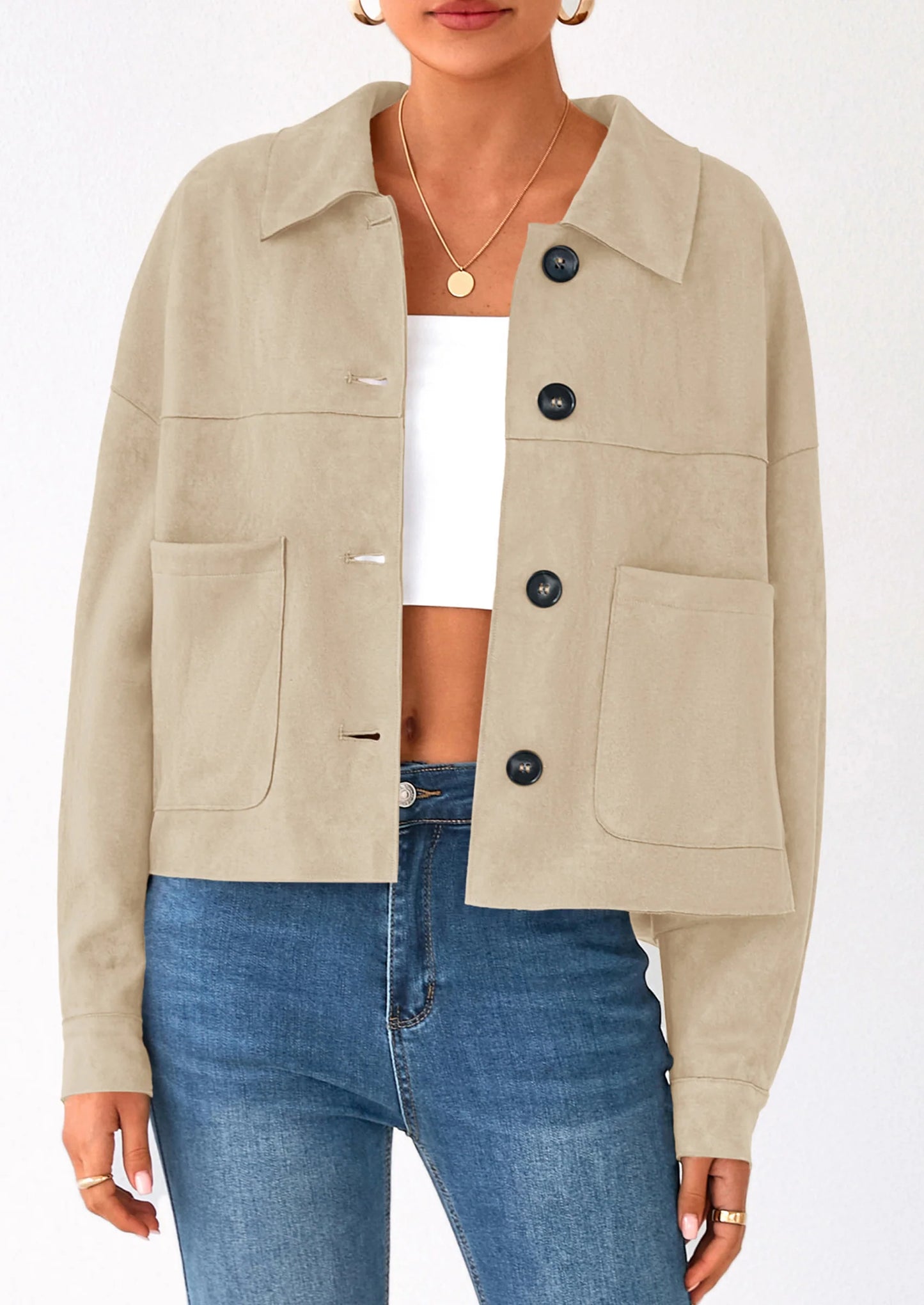 Women's Faux Suede Cropped Jacket Casual Lightweight Fall Fashion Winter Coats Outerwear Trendy Clothes