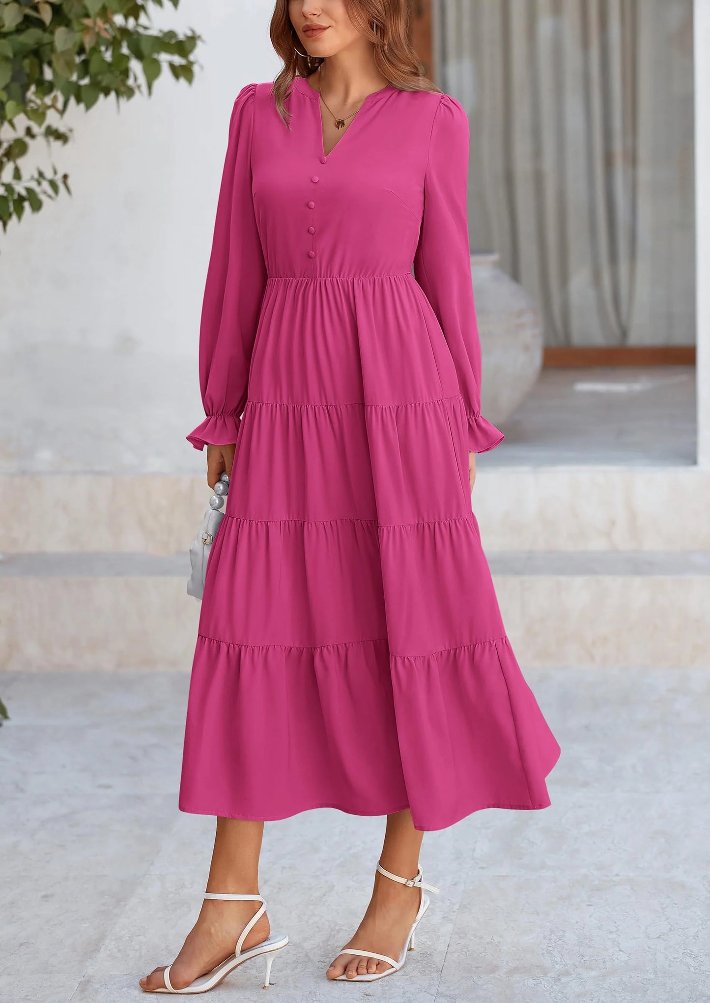 Women Fall Long Sleeve Smocked Maxi Dress Casual Square Neck Swiss Dot Tiered Ruffle Flowy Spring Pocket Dresses