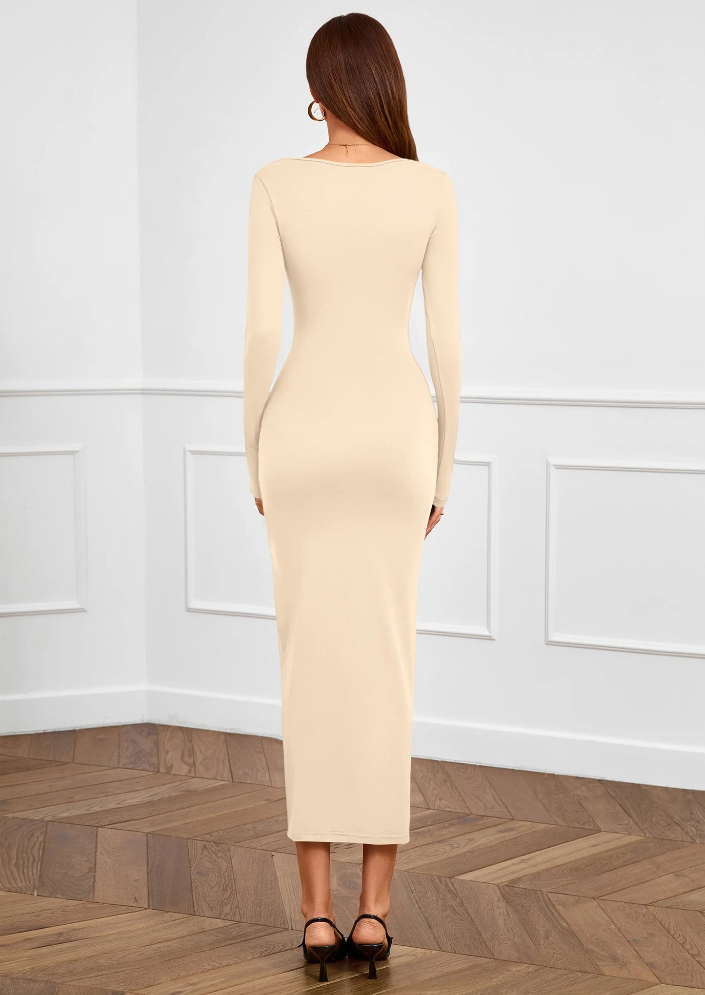 Women's Fall Wedding Guest Cocktail Midi Dresses Elegant Long Sleeve Bodycon Ruched Dress Fashion Clothing
