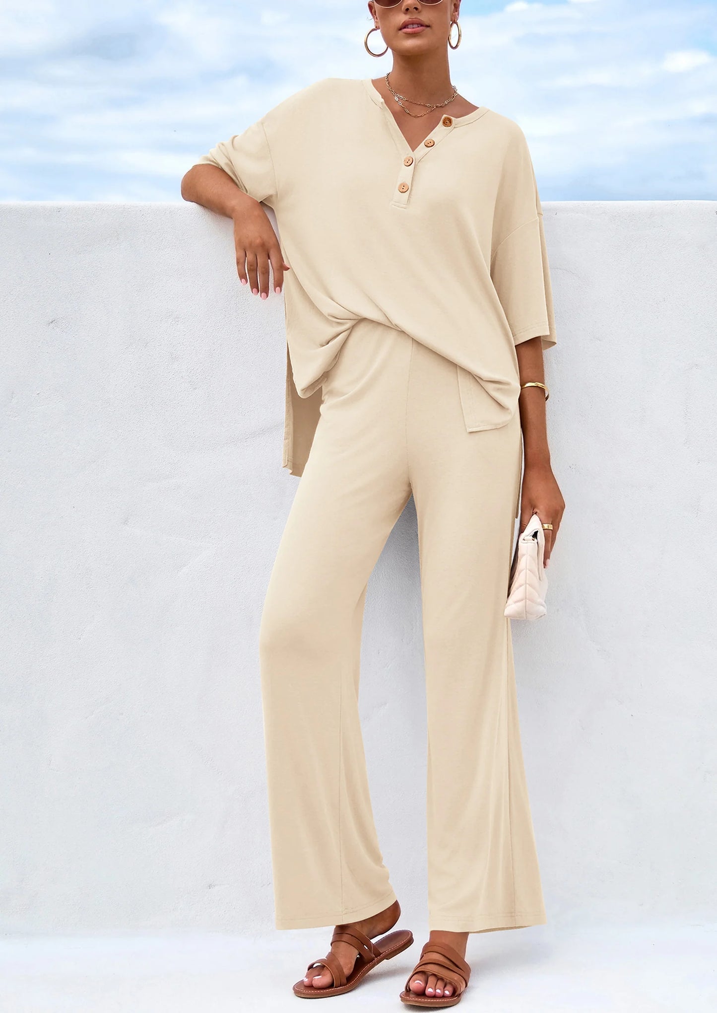 Women's 2 Piece Outfits Summer Casual V Neck Short Sleeve Tops Wide Leg Pants Matching Lounge Sets