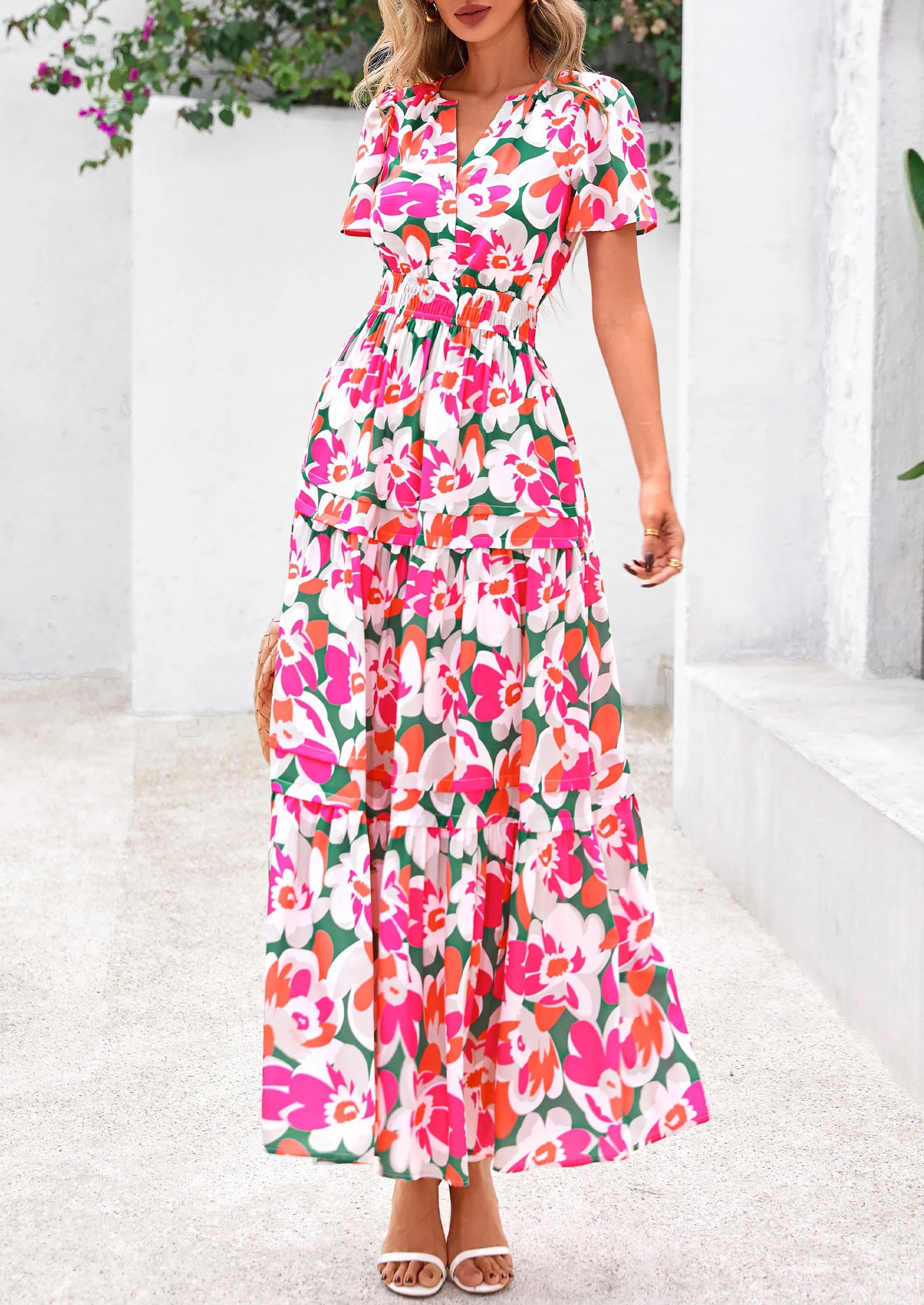 Women's Boho Maxi Dresses Floral Short Sleeve V Neck A Line Tiered Flowy Long Beach Vacation Dress