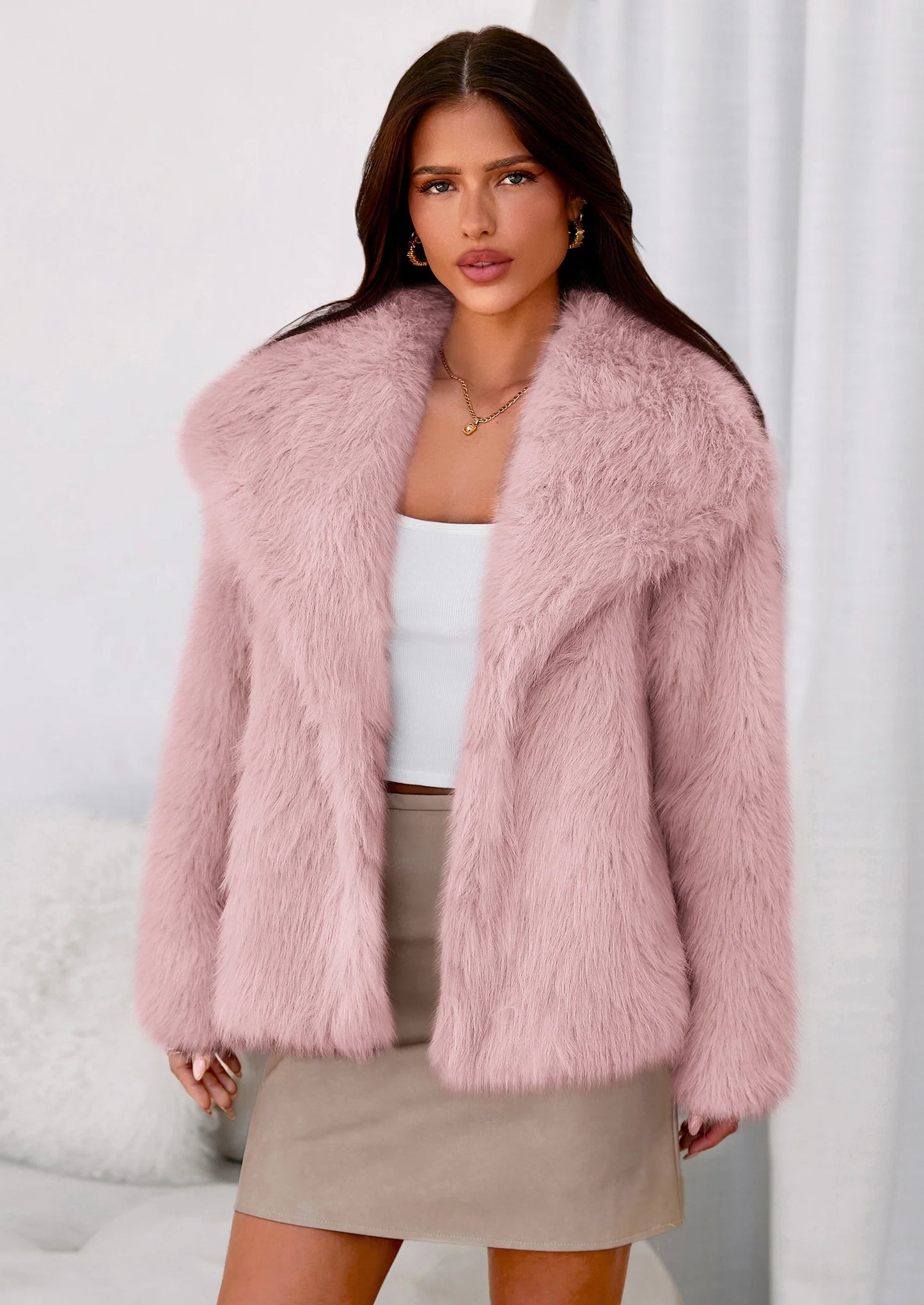 Womens Winter Coats Trendy Long Sleeve Furry Faux Fur Jackets Button Lapel Warm Fall Outwear with Pockets
