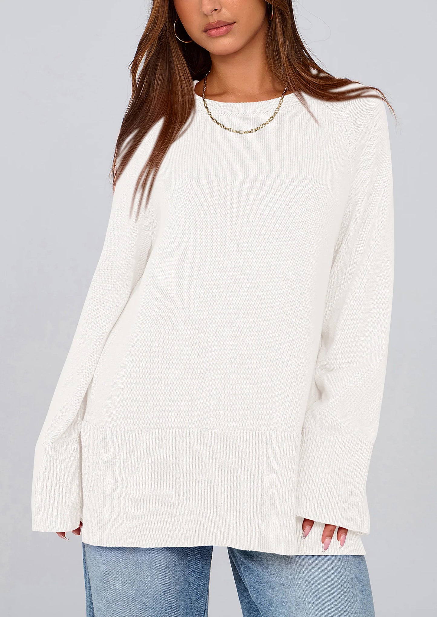 Women's Knit Fall Sweaters Long Sleeve Pullover Crewneck Split Hem Oversized Tunic Sweater Tops Winter Clothing