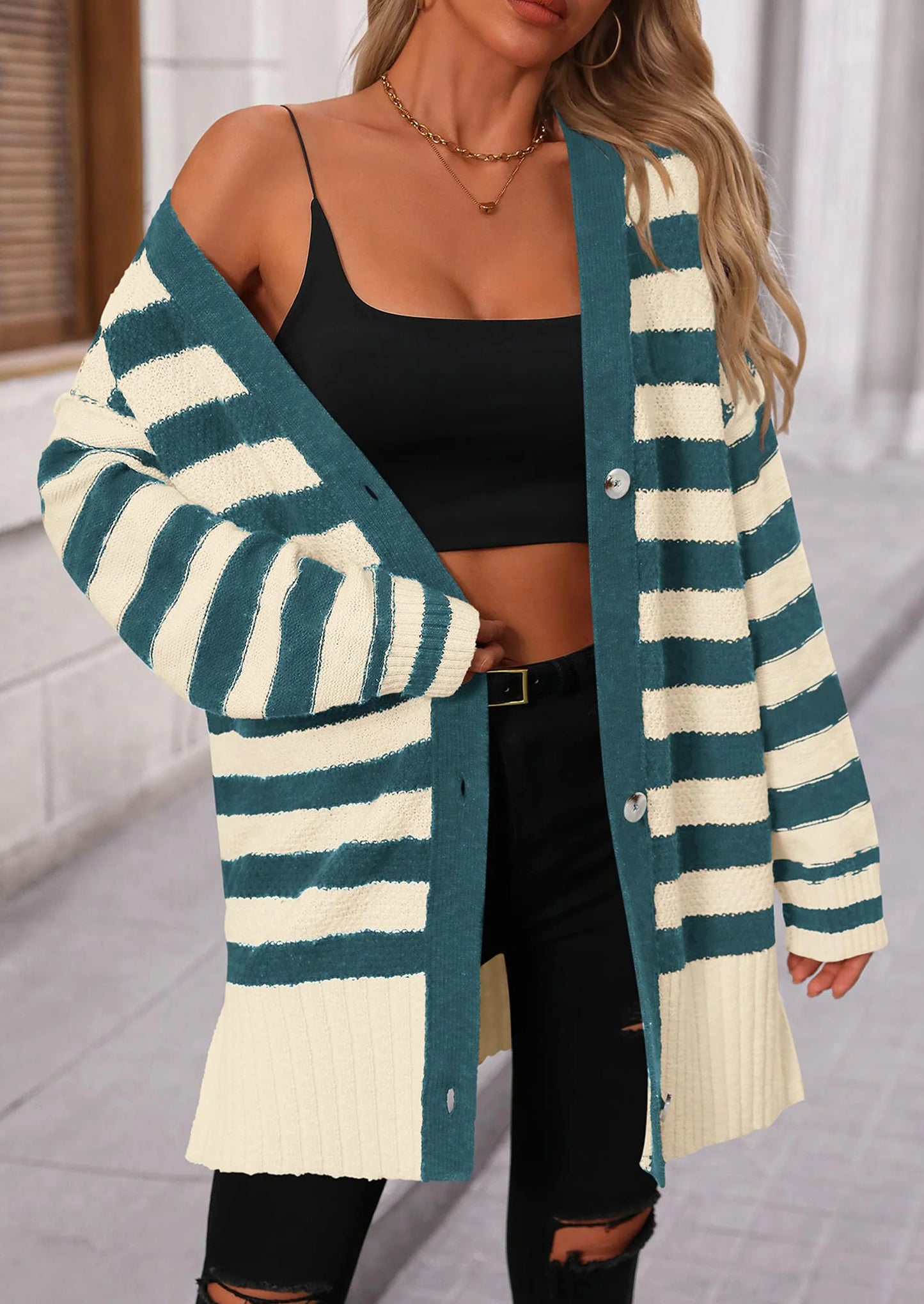 Women's Winter Striped Cardigan Sweaters Long Sleeve Button Down Open Front Chunky Knit Oversized Sweater Coat