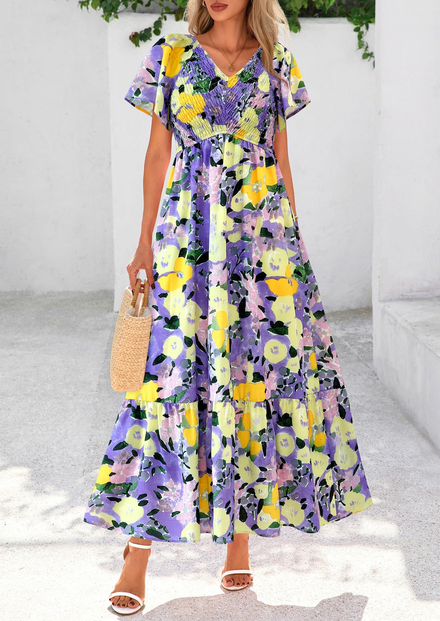 Women Floral Boho Maxi Dresses Short Sleeve V Neck Smocked A Line Long Flowy Beach Vacation Dress