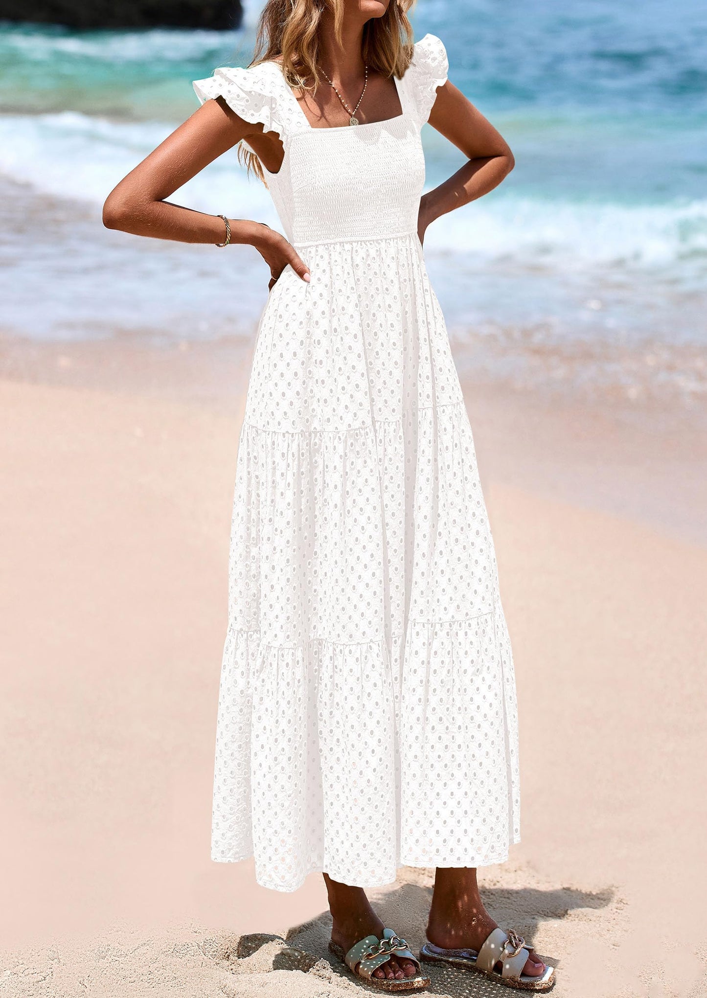 Womens Square Neck Maxi Dresses Cap Sleeve Eyelet Smocked Tiered A Line Flowy Long Dress with Pockets