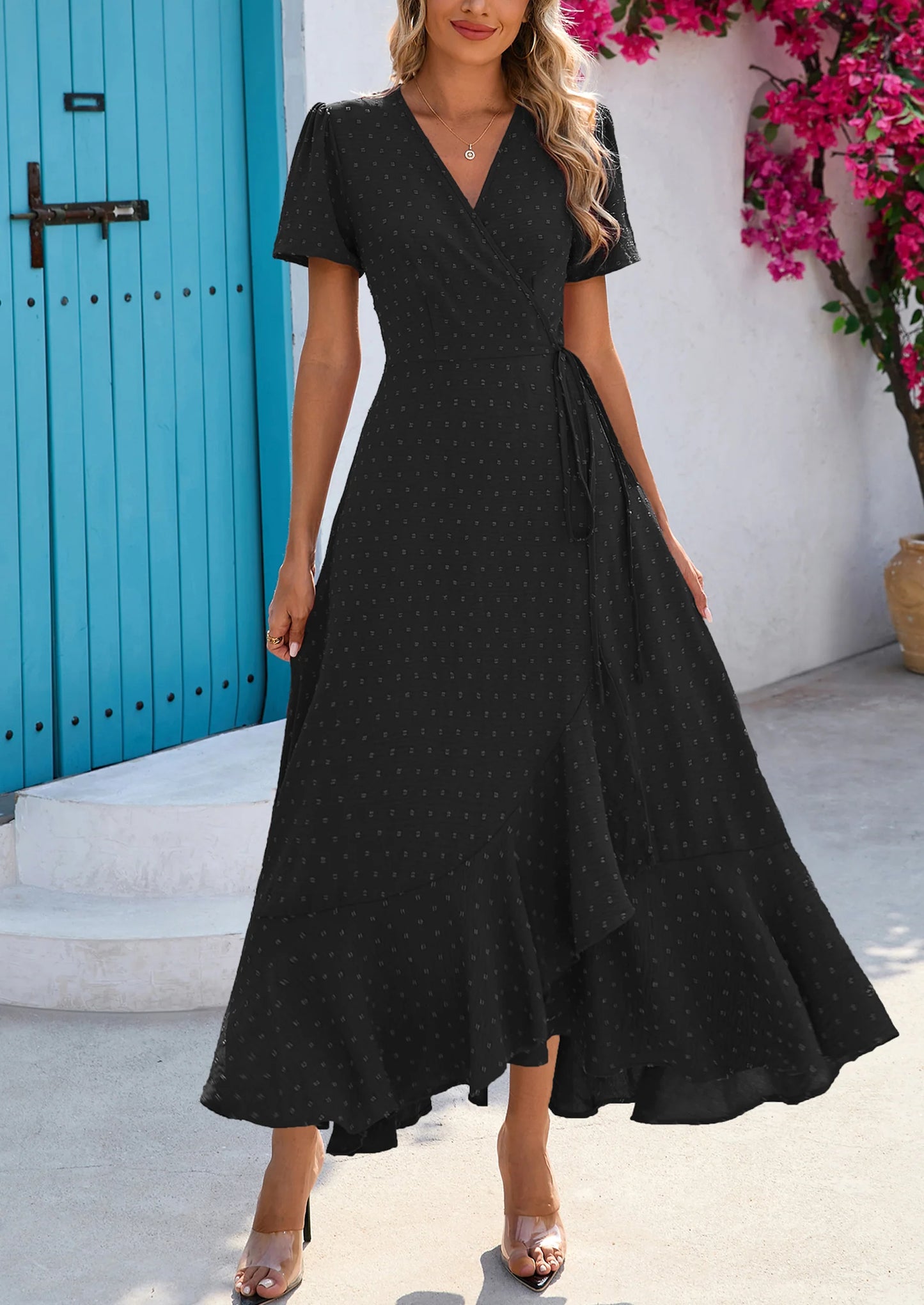 Women's Summer Maxi Dress Casual Wrap Floral Boho Short Sleeve V Neck Split Ruffle Beach Long Dresses