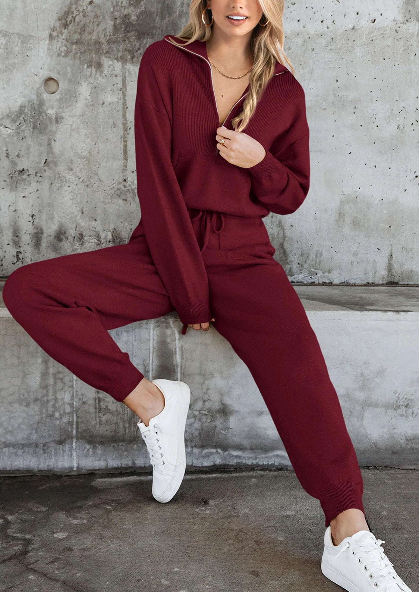Women's 2 Piece Sweater Set Pullover Zip Up Sweatshirt Jogger Sweatpants Tracksuit Casual Outfit