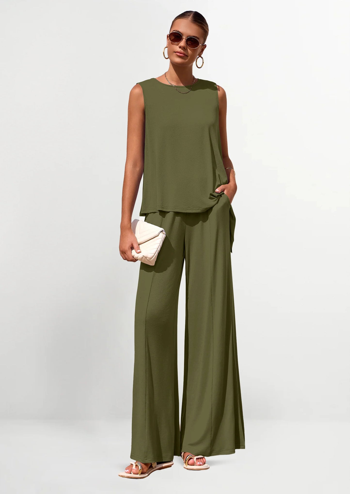 Women's Two Piece Matching Lounge Sets Asymmetrical Split Tank Tops Wide Leg Pants Summer Outfits Tracksuit