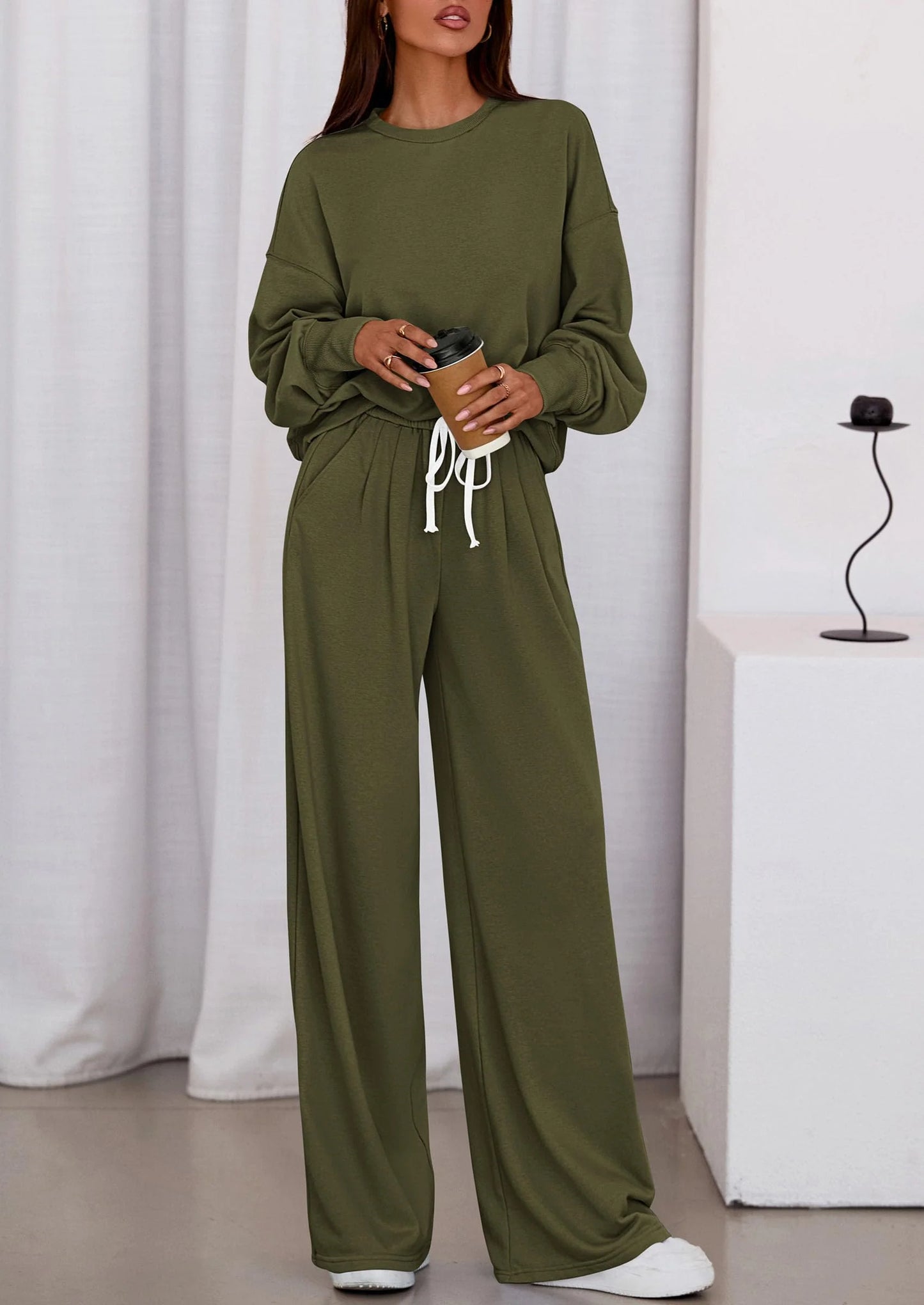 Womens 2 Piece Sets Long Sleeve Sweatshirt Wide Leg Pants Loose Matching Lounge Set Trendy Fall Outfits