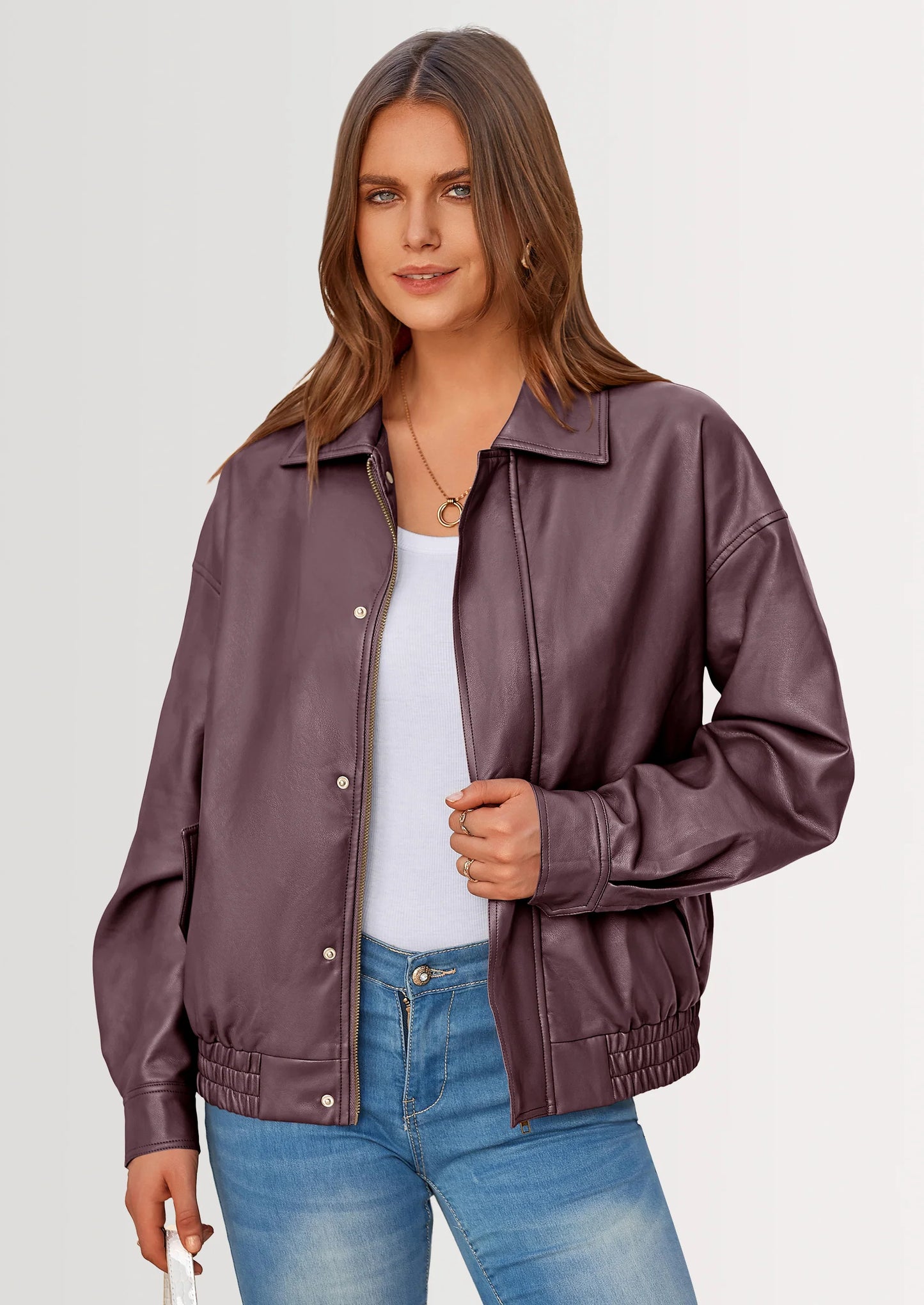 Women's Faux Leather Motorcycle Jacket Trendy Fall Spring Clothes Oversized Zip Up Winter Coat Outerwear
