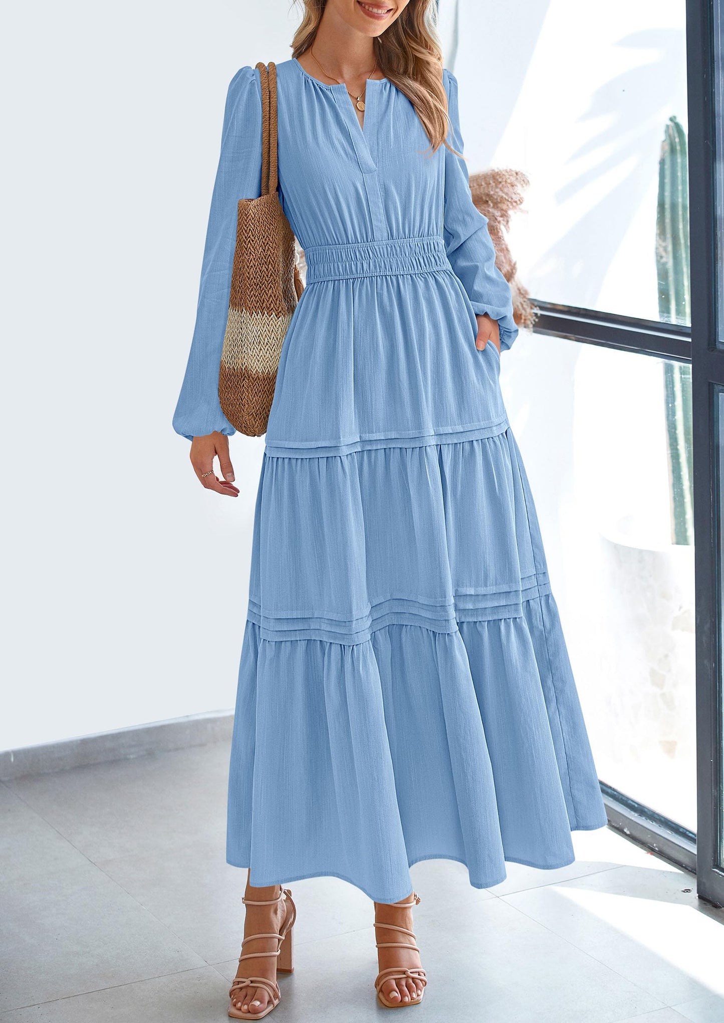 Women's Elegant Maxi Dresses Long Sleeve V Neck Flowy Pockets Casual Modest Dress Fall Fashion Clothes