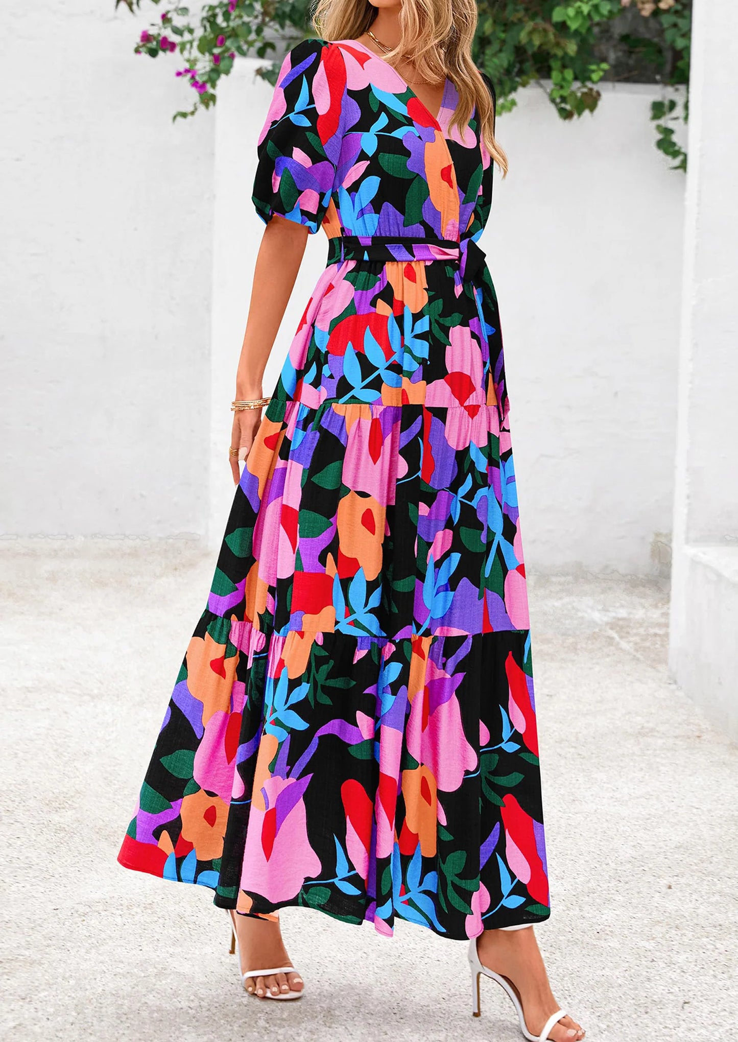 Women's Maxi Dress Resort Wear Boho Floral V Neck Puff Short Sleeve Ruffle Flowy Beach Long Dresses