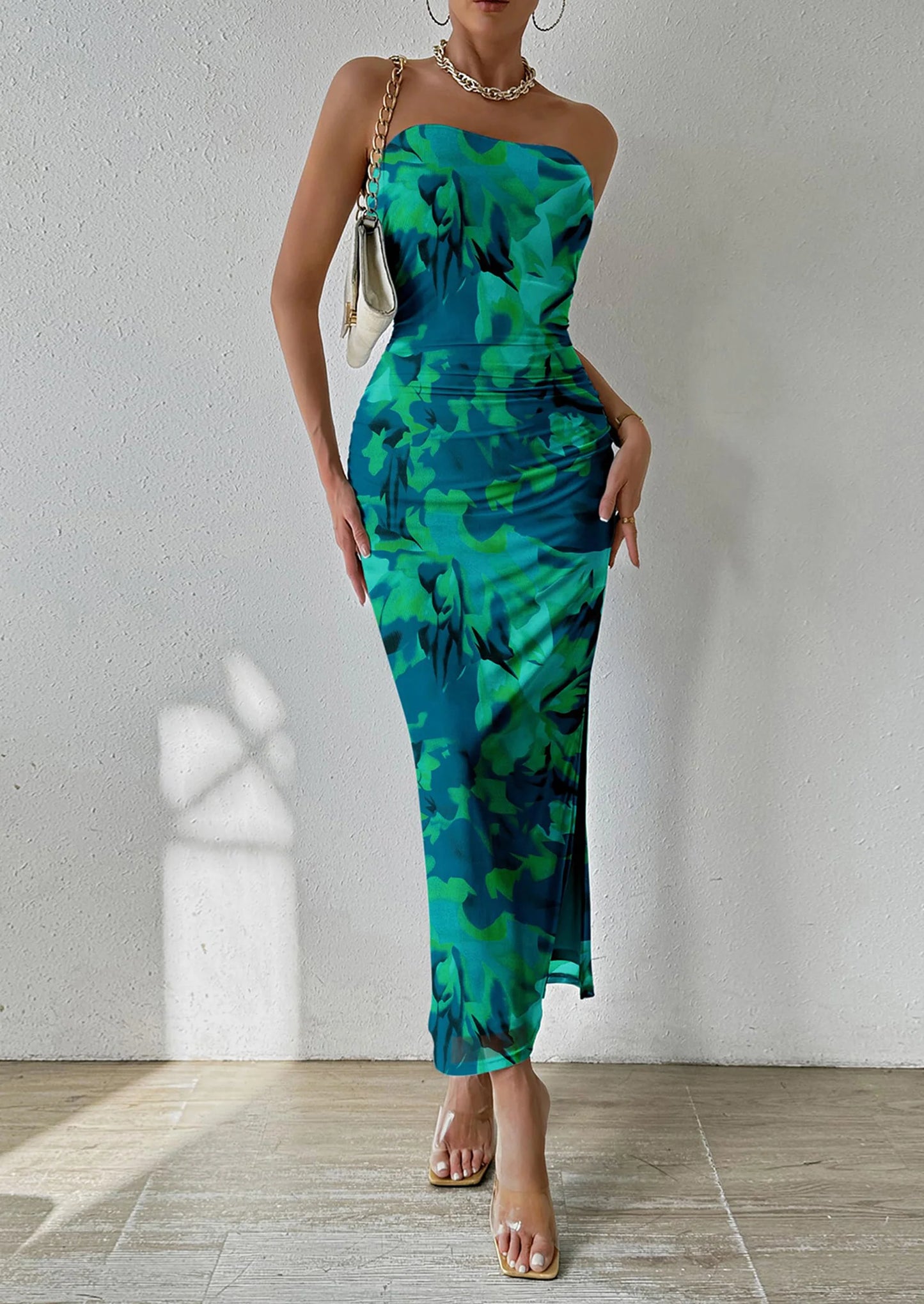 Women's Maxi Bodycon Dresses Strapless Tube Top Slit Floral Printed Party Club Long Dress