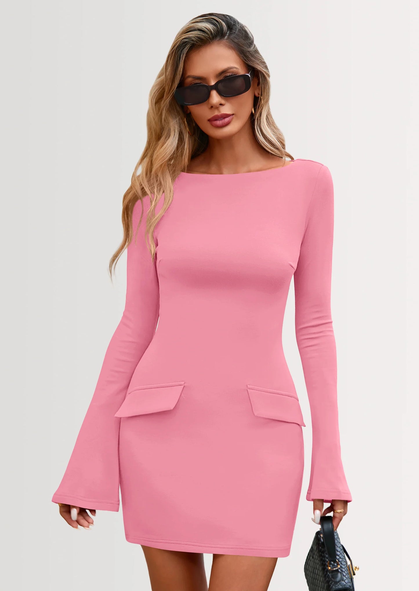 Womens Fall Long Sleeve Mini Dress Trendy Boat Neck Bodycon Knit Elegant Short Party Dresses