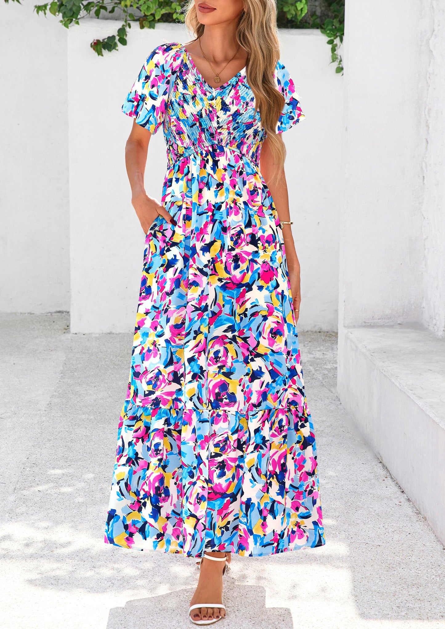 Women Floral Boho Maxi Dresses Short Sleeve V Neck Smocked A Line Long Flowy Beach Vacation Dress