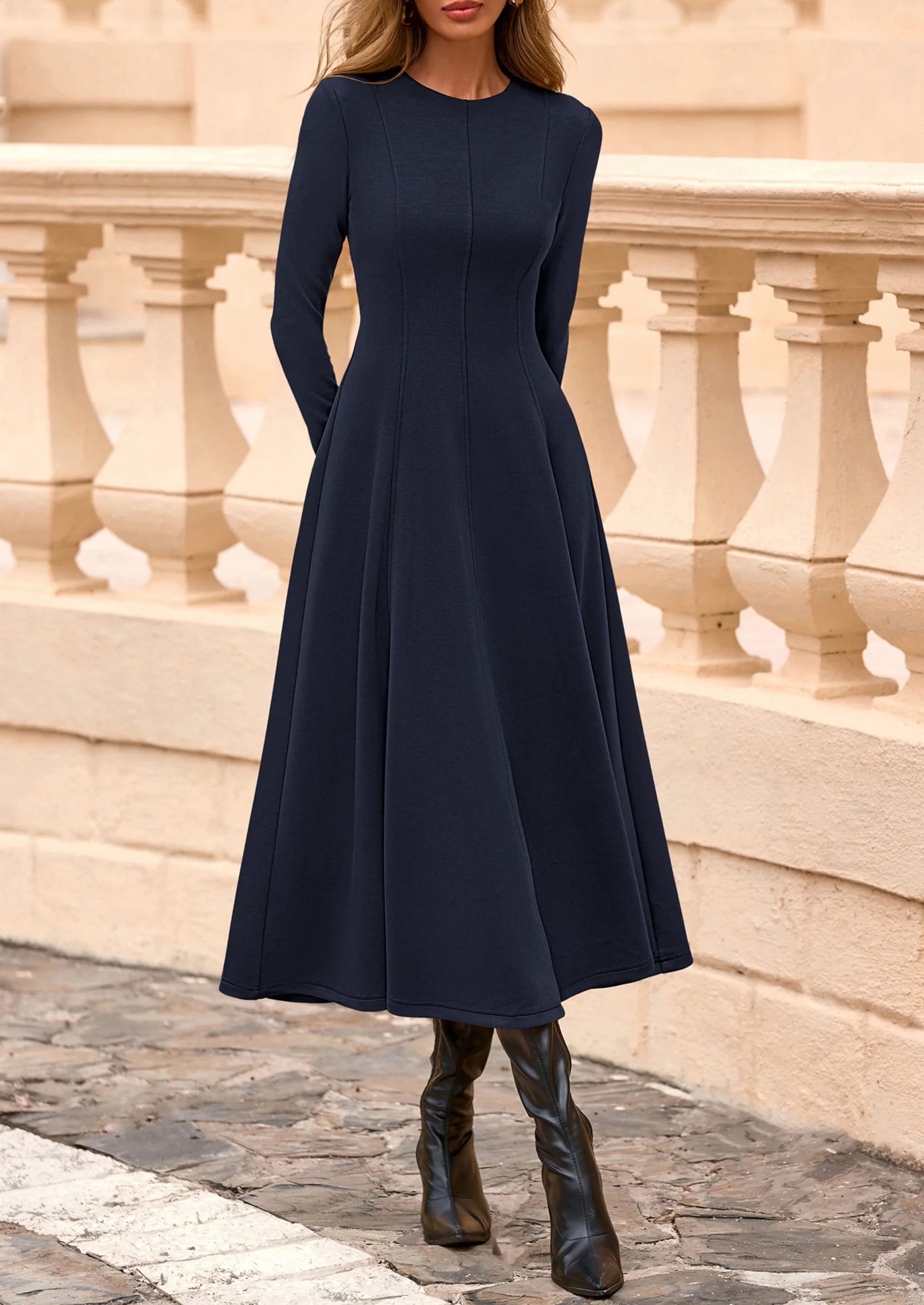 Women's Fall Long Sleeve Midi Dress Casual Elegant Ruffle Flowy A Line Swing Cocktail Party Dresses