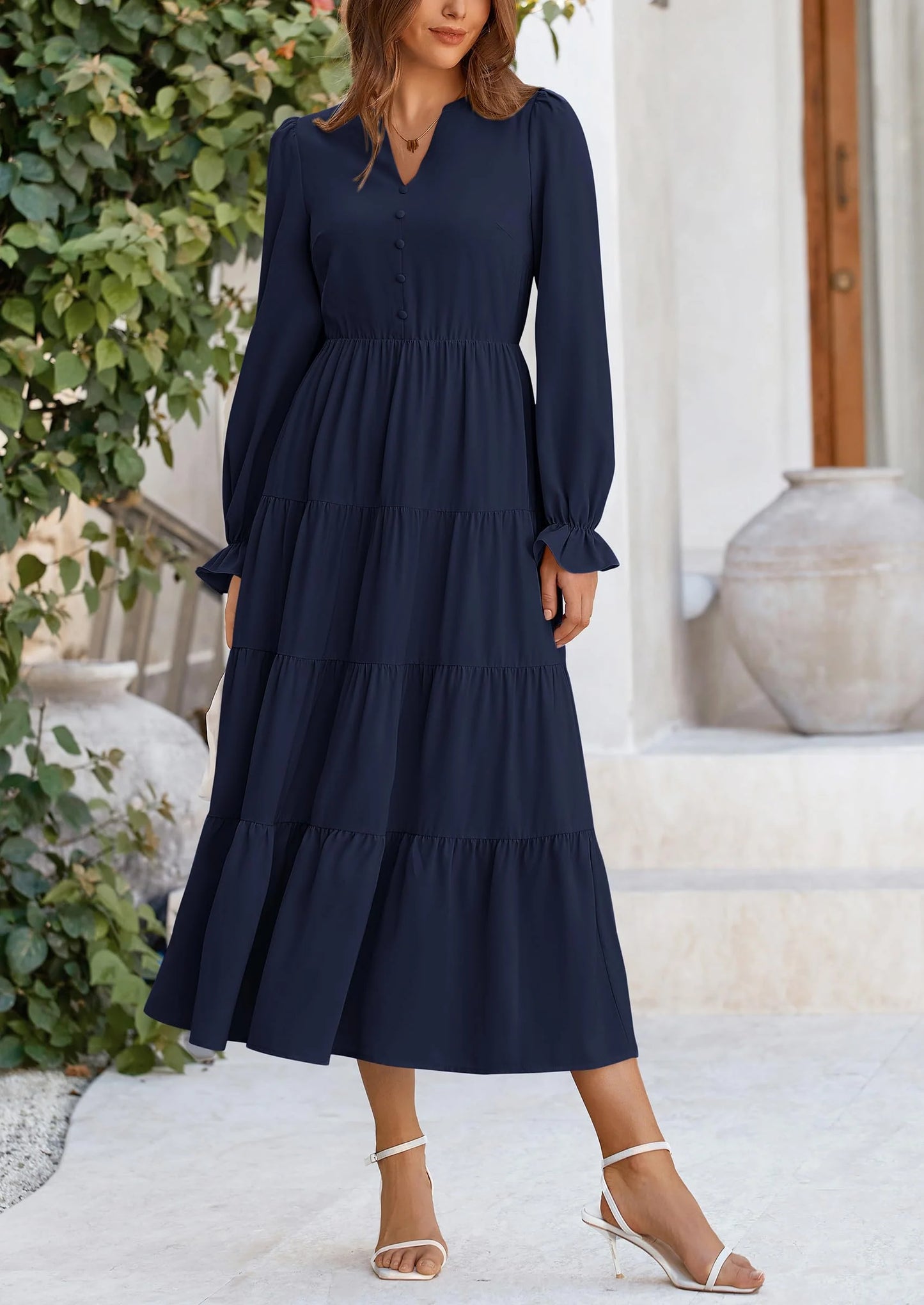 Women Fall Long Sleeve Smocked Maxi Dress Casual Square Neck Swiss Dot Tiered Ruffle Flowy Spring Pocket Dresses