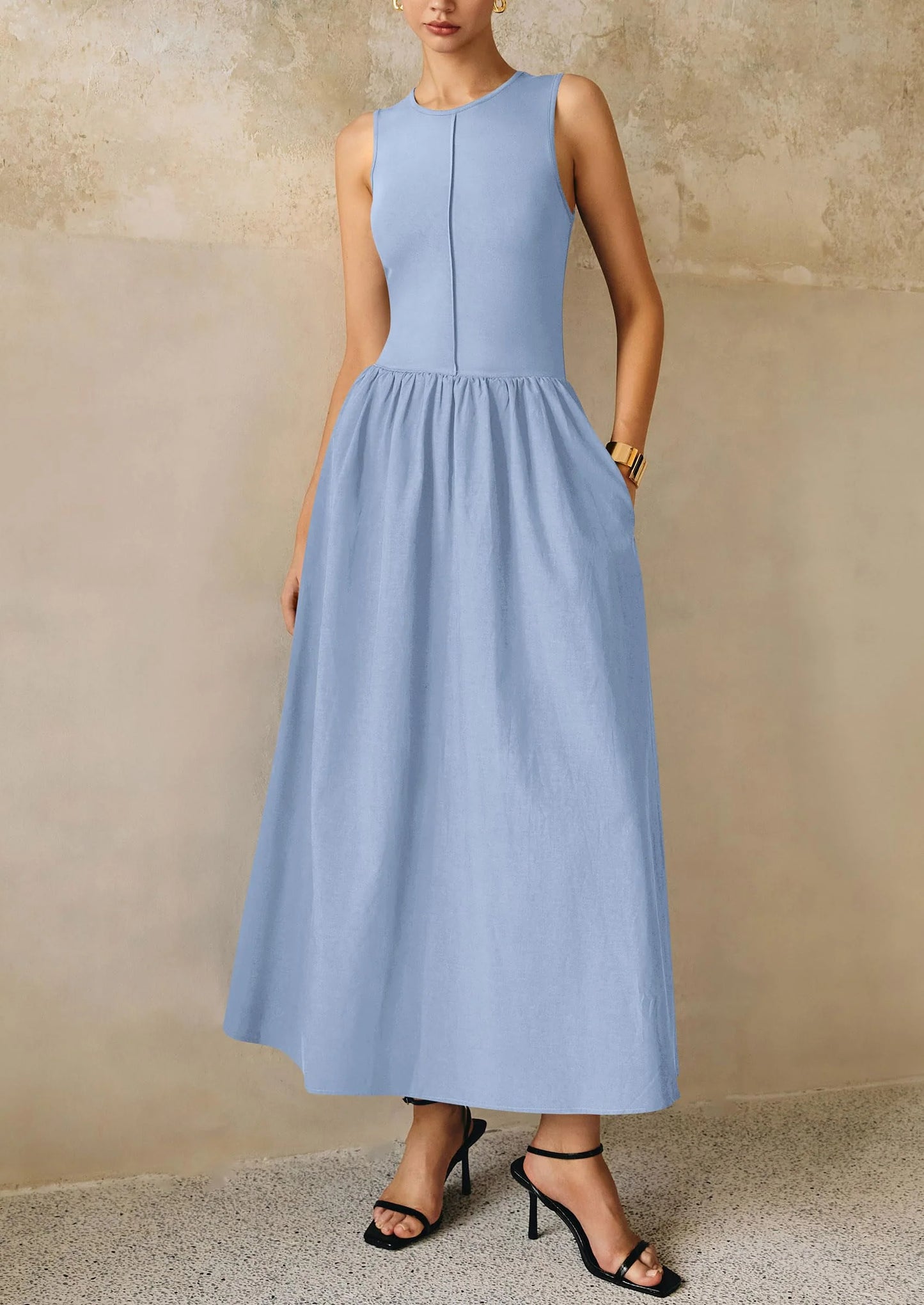 Women Maxi Dresses Casual Sleeveless Patchwork Knit Tank Dress Flowy Beach Sundress Long Dress