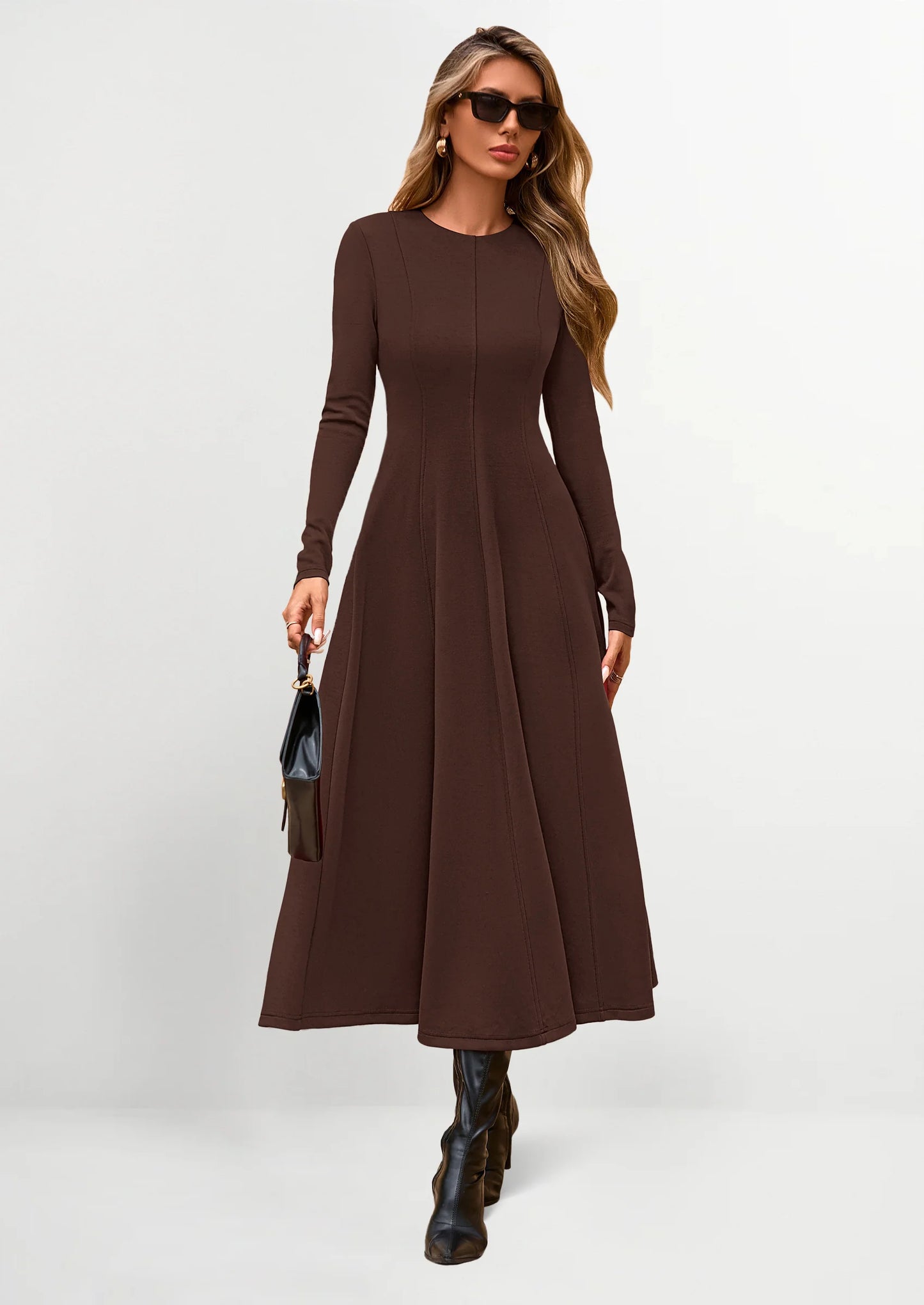 Women's Fall Long Sleeve Midi Dress Casual Elegant Ruffle Flowy A Line Swing Cocktail Party Dresses