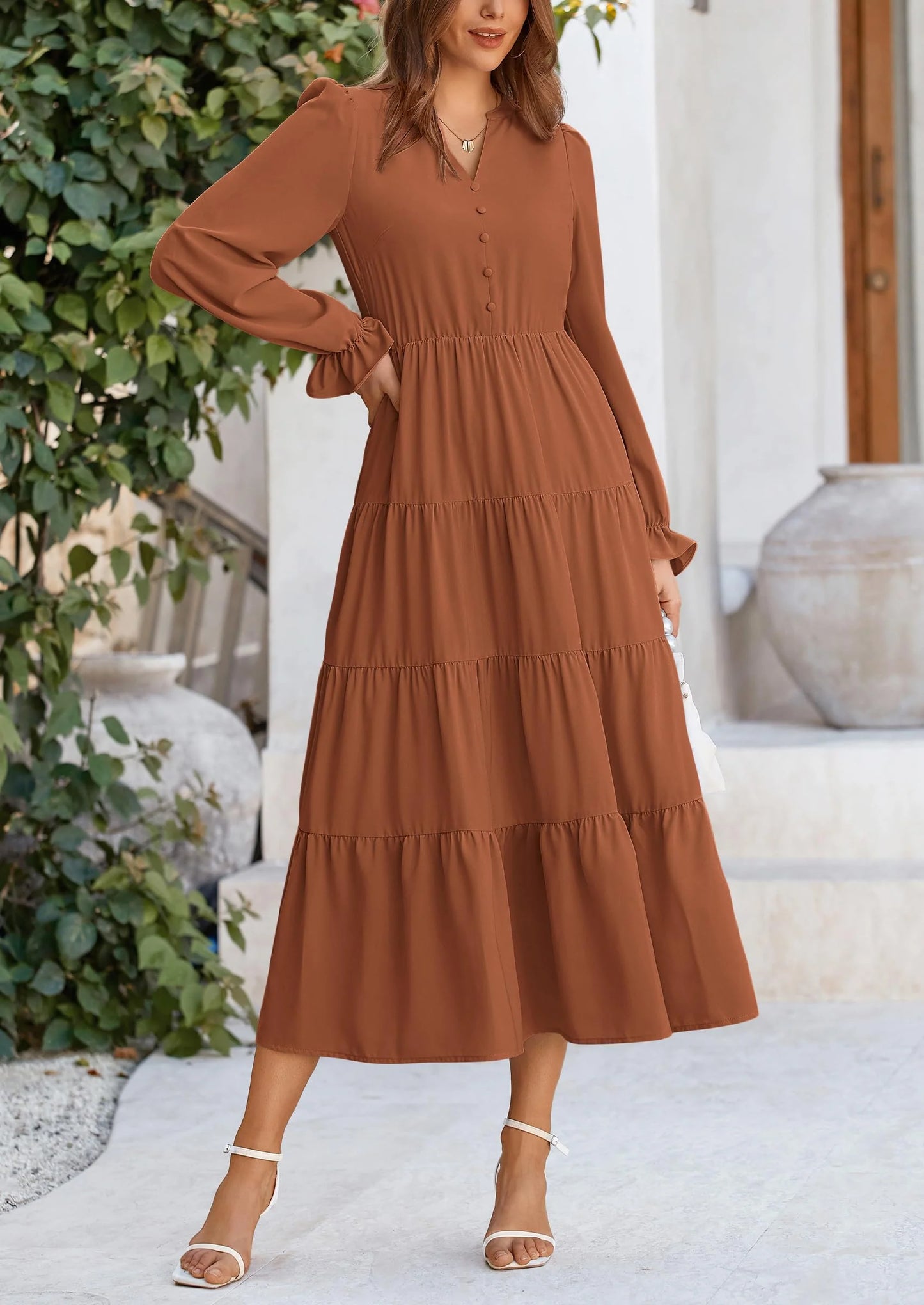 Women Fall Long Sleeve Smocked Maxi Dress Casual Square Neck Swiss Dot Tiered Ruffle Flowy Spring Pocket Dresses