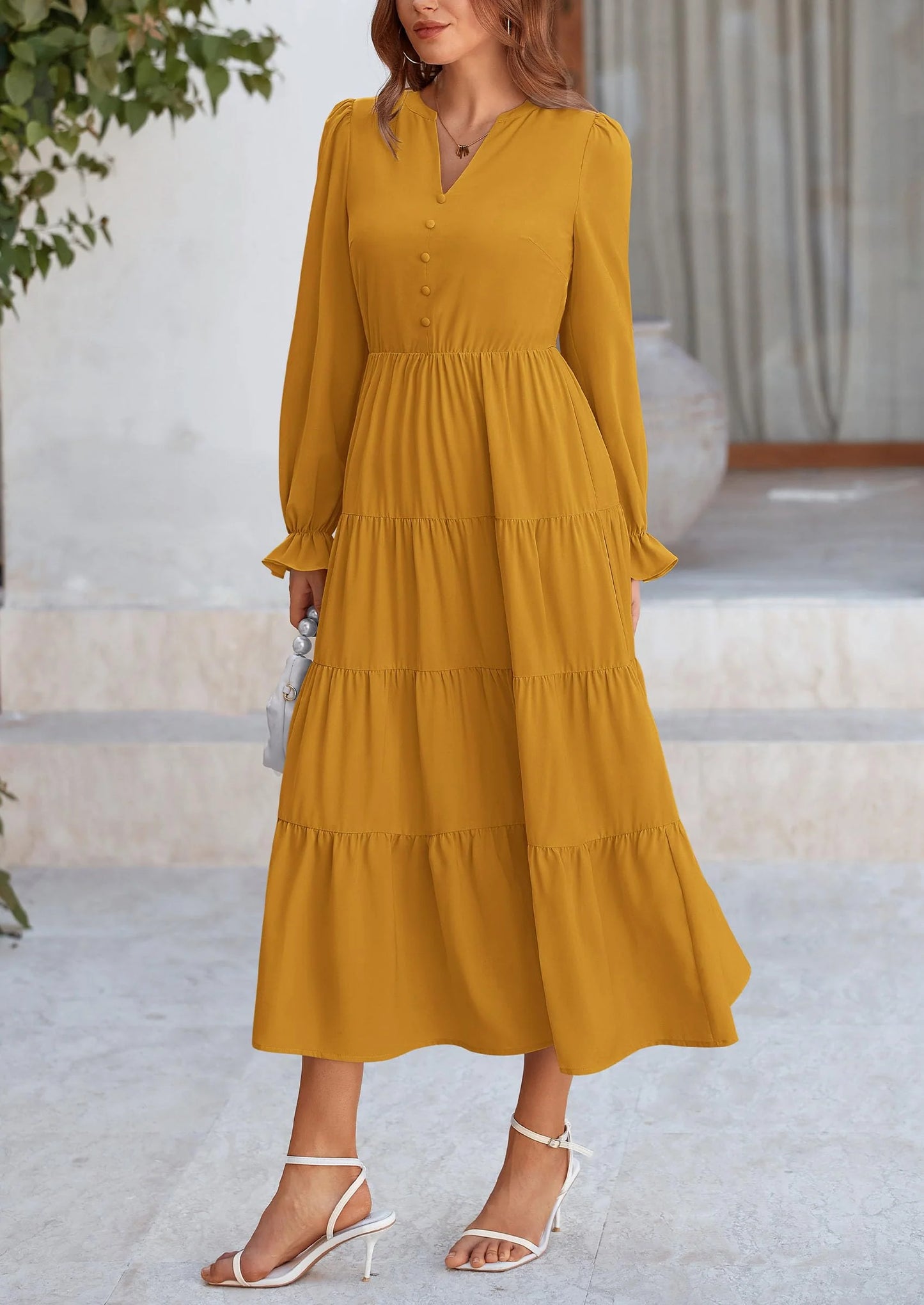 Women Fall Long Sleeve Smocked Maxi Dress Casual Square Neck Swiss Dot Tiered Ruffle Flowy Spring Pocket Dresses