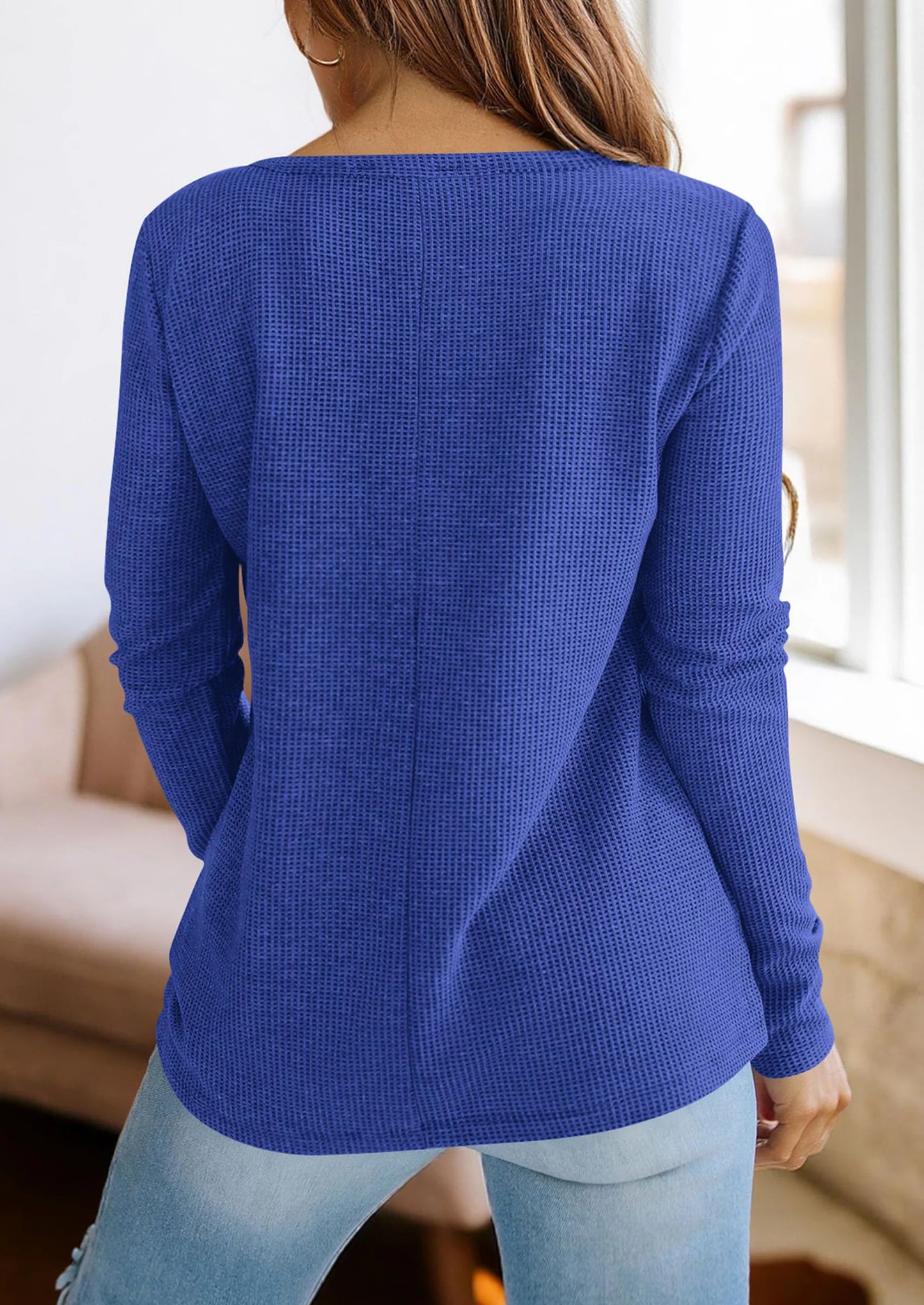 Long Sleeve Shirts for Women Fall V Neck Waffle Basic Tee Dressy Casual Winter Blouses Knit Tunic Tops