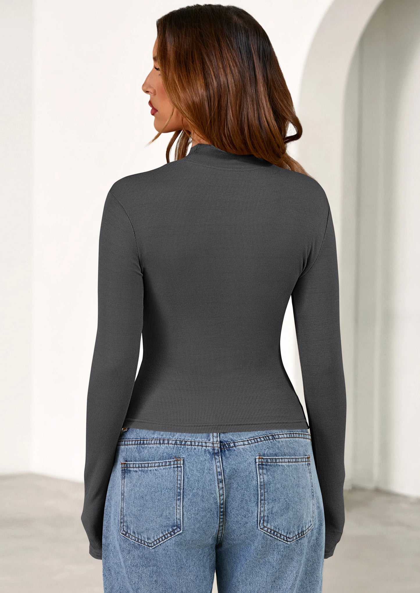 Women's Turtleneck Long Sleeve Shirts Fall Basic Tees Ribbed Fitted Tops Thermal Layering Knit Top Clothes