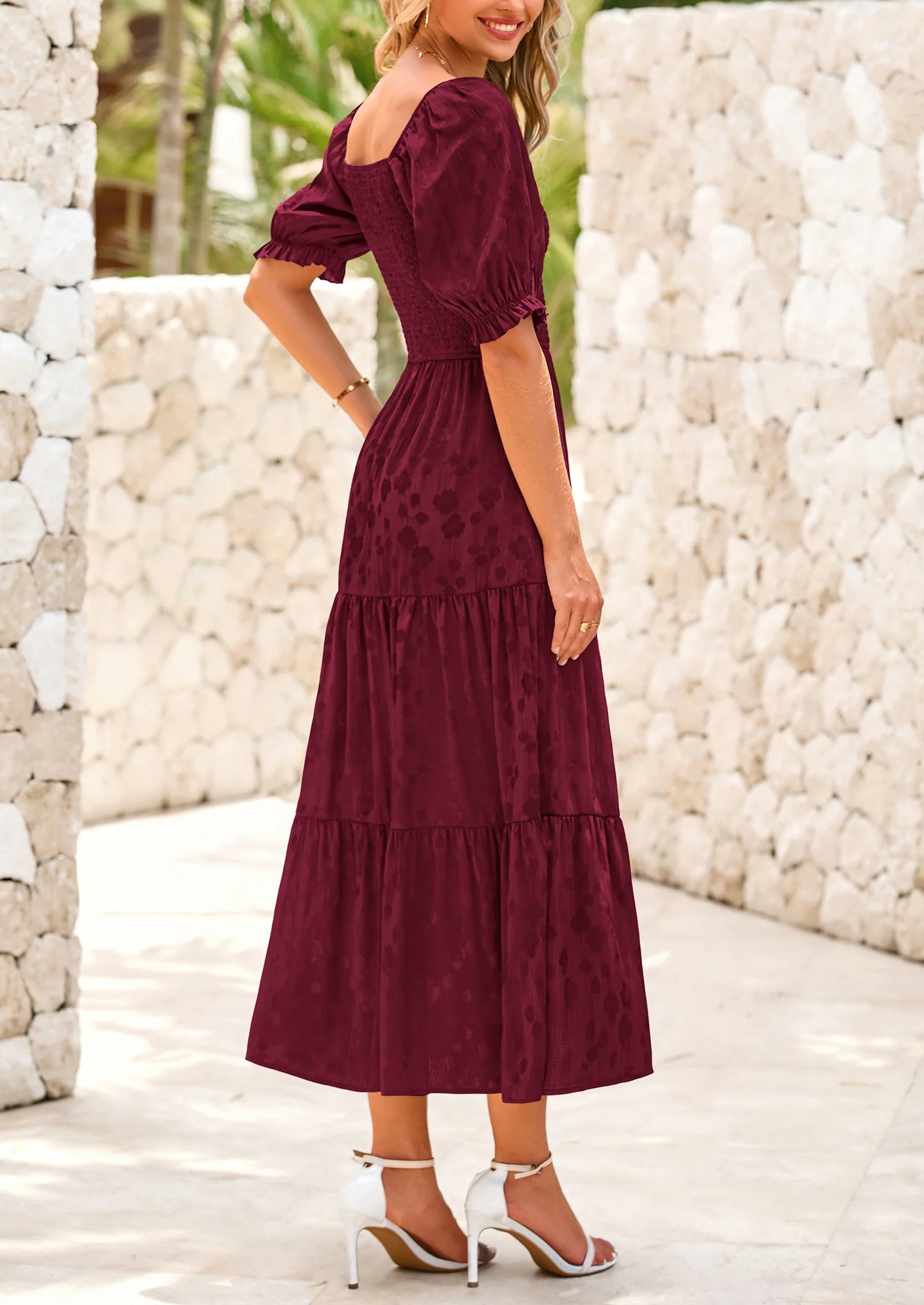 Women's Casual Midi Dresses Square Neck Short Sleeve Smocked A Line Floral Flowy Elegant Boho Dress