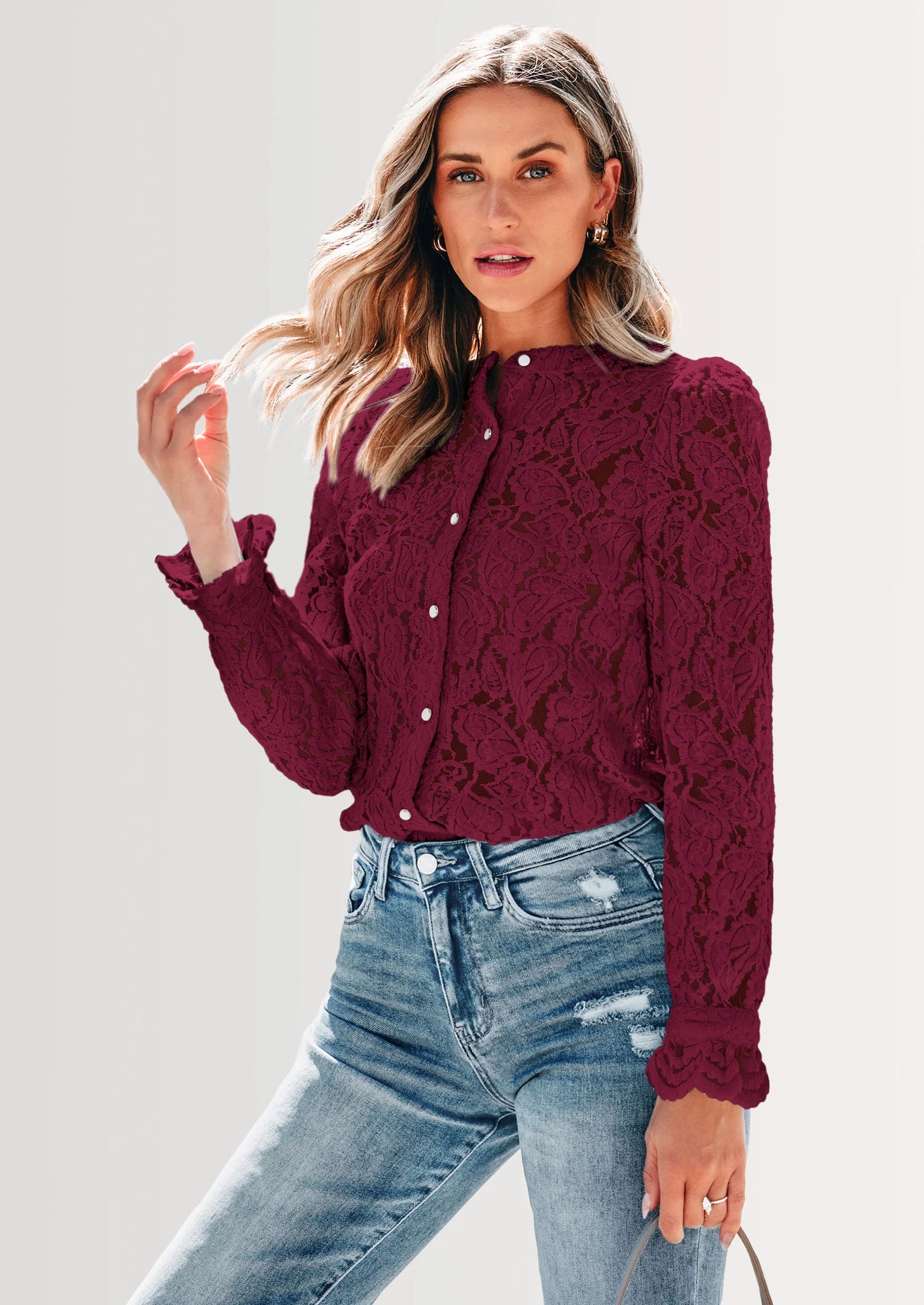 Women's Dressy Casual Lace Blouse Long Sleeve Button Up Shirts Tops Spring Fall Fashion Clothes