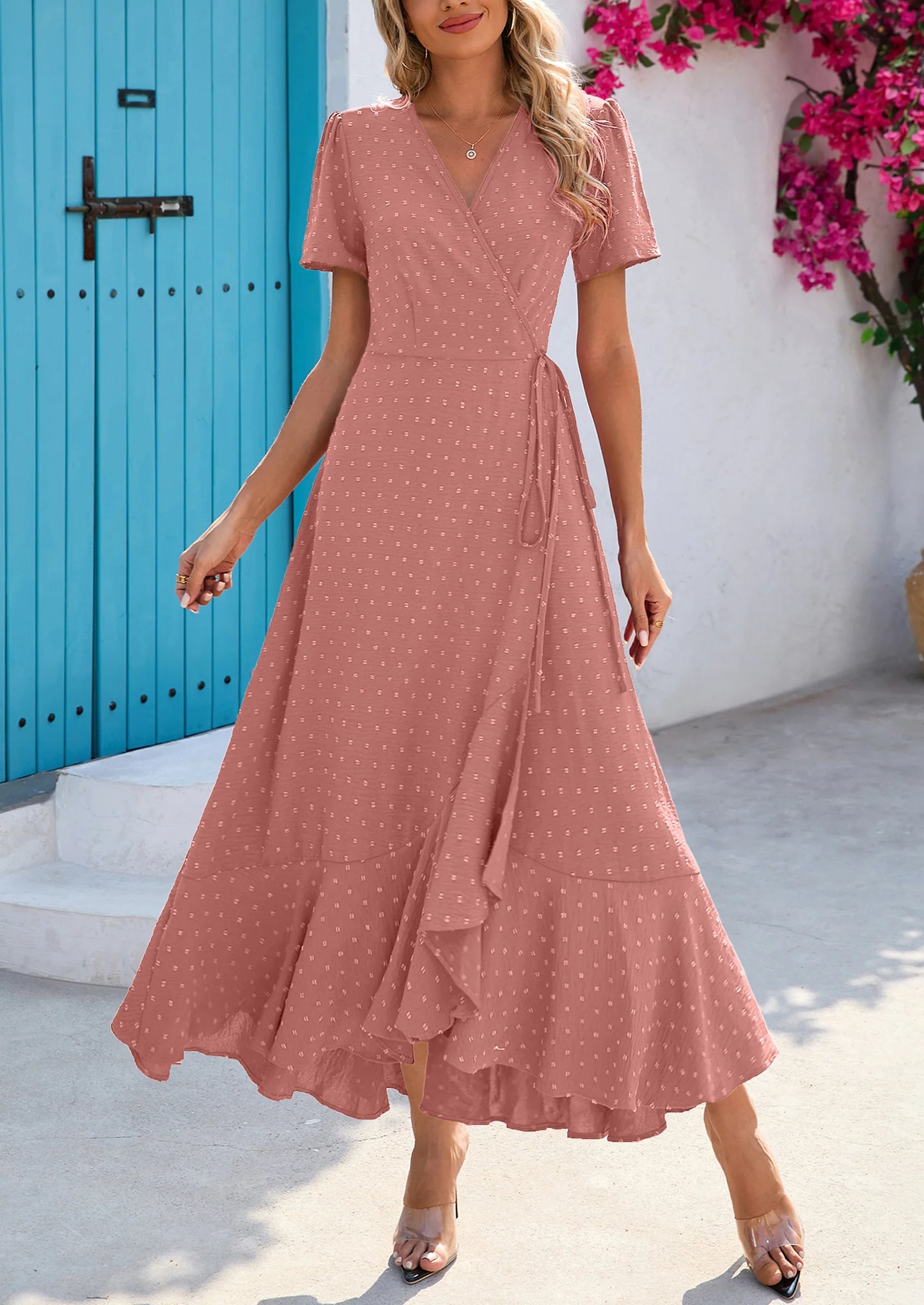 Women's Summer Maxi Dress Casual Wrap Floral Boho Short Sleeve V Neck Split Ruffle Beach Long Dresses
