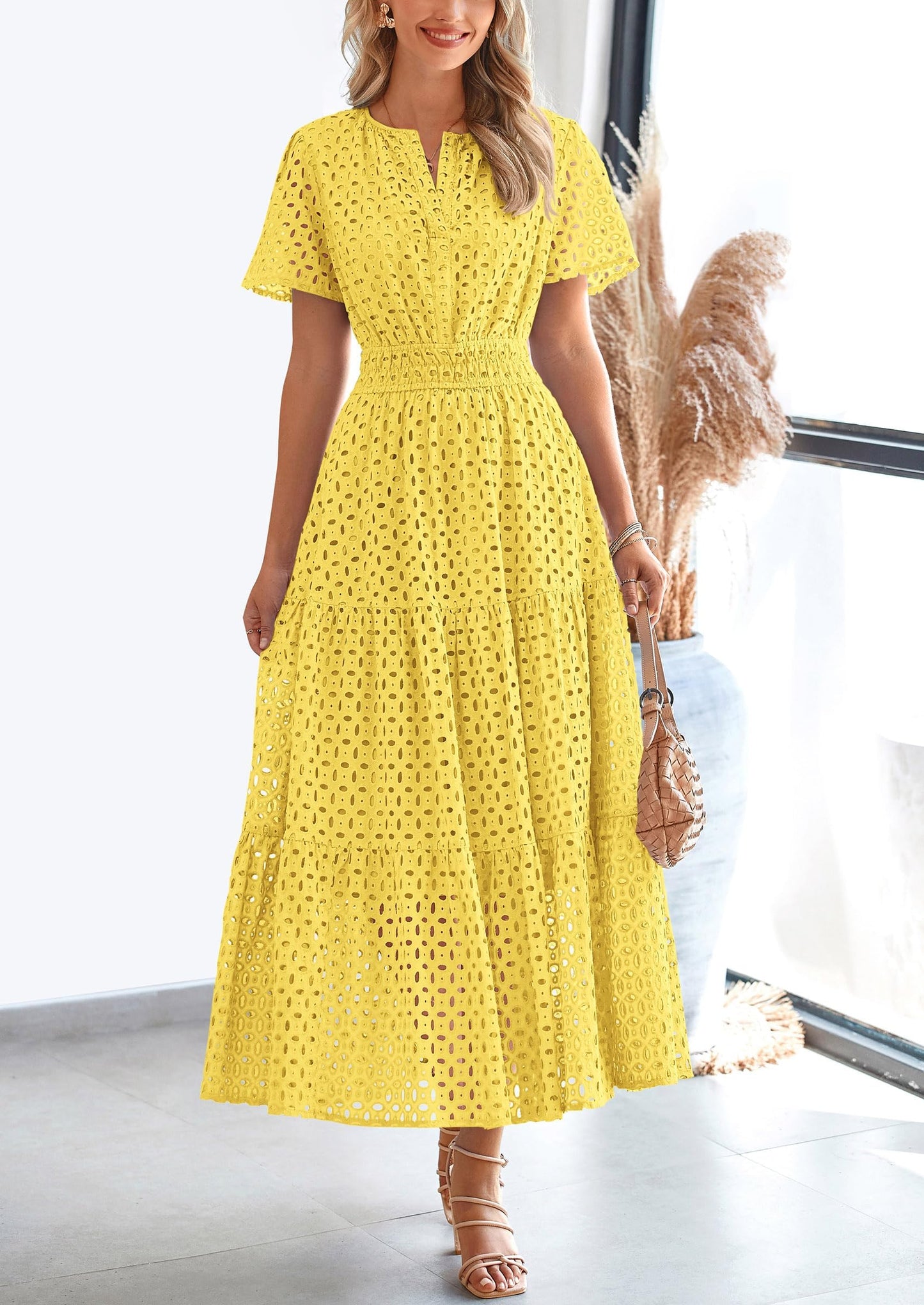 Womens Maxi Dress Short Sleeve V Neck Hollow Out Eyelet A Line Long Flowy Beach Vacation Dresses