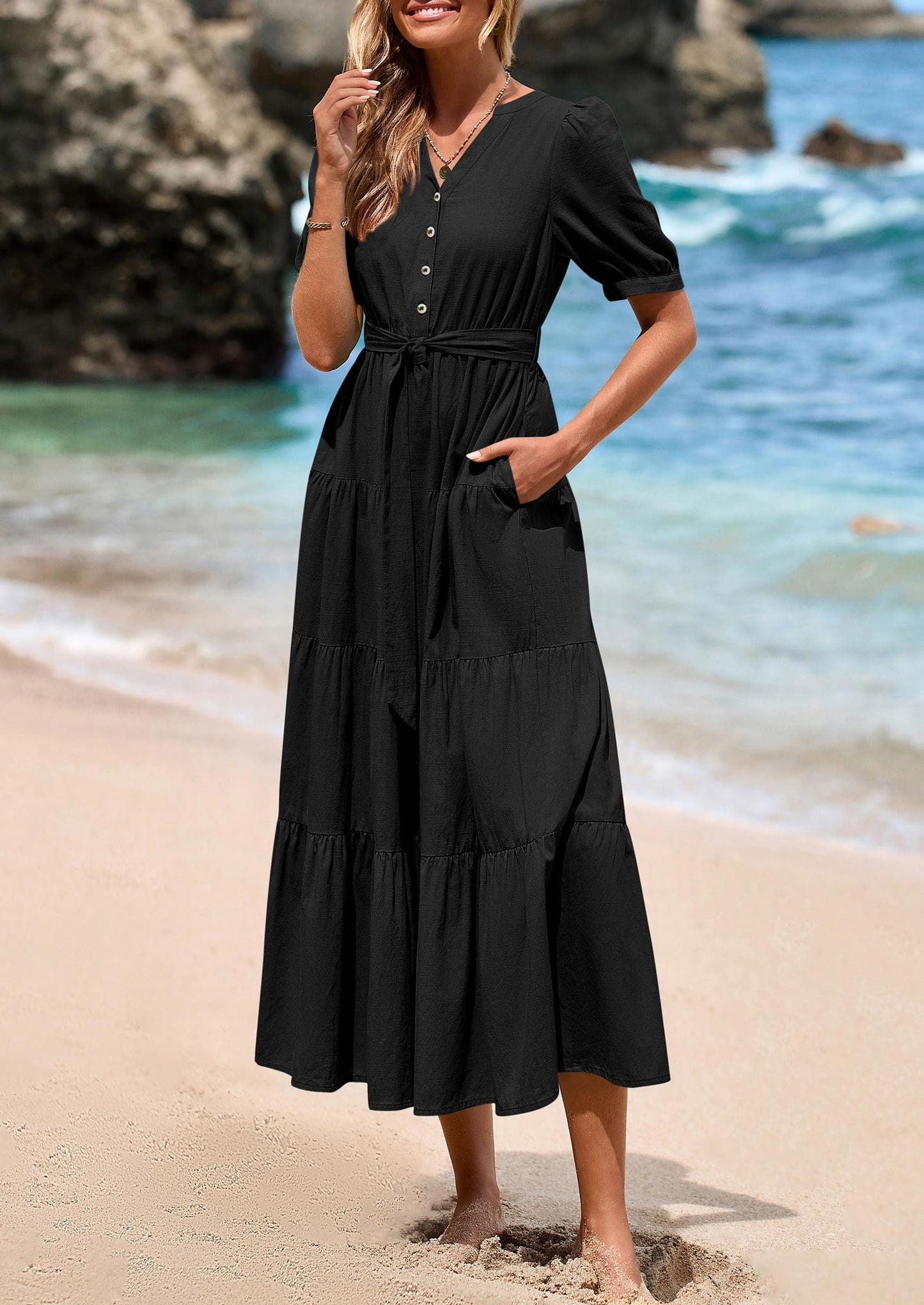 Women's Midi Dress Casual Short Sleeve V Neck Buttons Belted Ruffle A Line Flowy Dress with Pockets